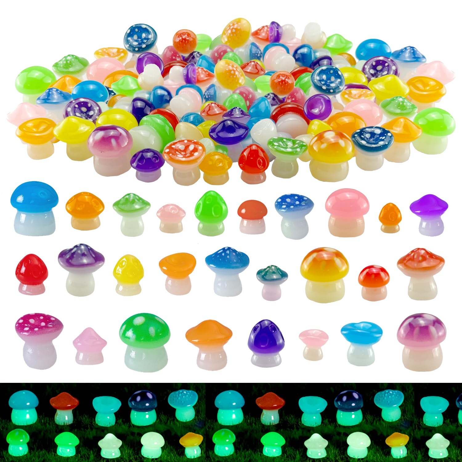 150 Pcs 18 Styles Mini Resin Luminous Mushrooms, Glow in The Dark Little Resin Mushroom for Garden Landscape Bonsai Craft Ornament