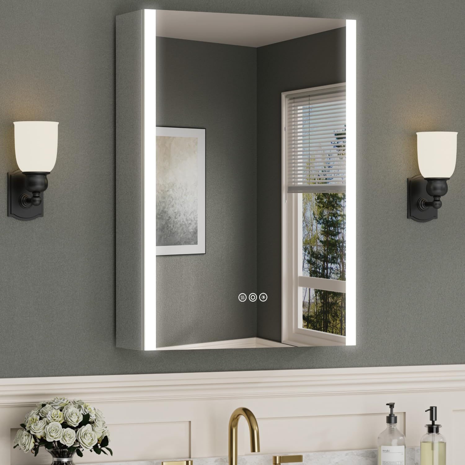 medicine cabinet with led lights and mirror, 24 x 30 inch surface or recessed mounted bathroom cabinets with door, defogger, memory function, 3-color mode, outlet&usb, dimmer, storage shelf