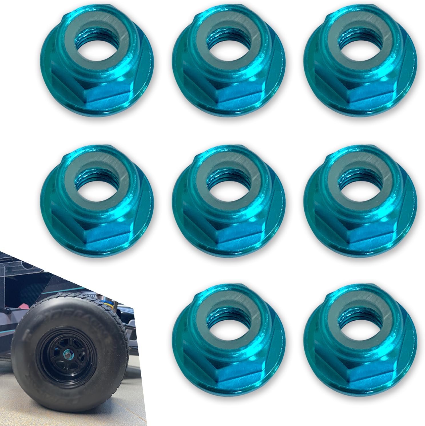 8 PCS Flange M4 Lock Nuts, Aluminum Alloy Nylon Insert Self-Tightening Nuts, Wheel Hardware for Axial HPI TLR ECX Model RC Car Vehicles Replacement Parts (Light Blue)