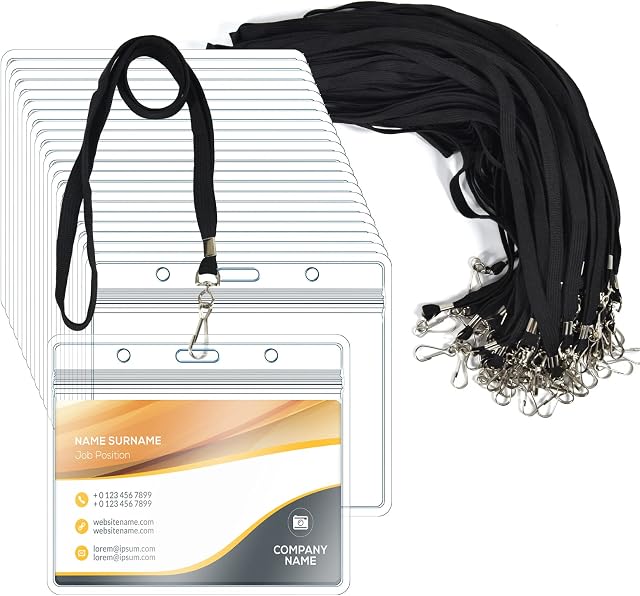 50 Pack Clear Plastic Horizontal Name Tags Badge ID Card Holders and 50 Pack Flat Neck Lanyards with Swivel Hook