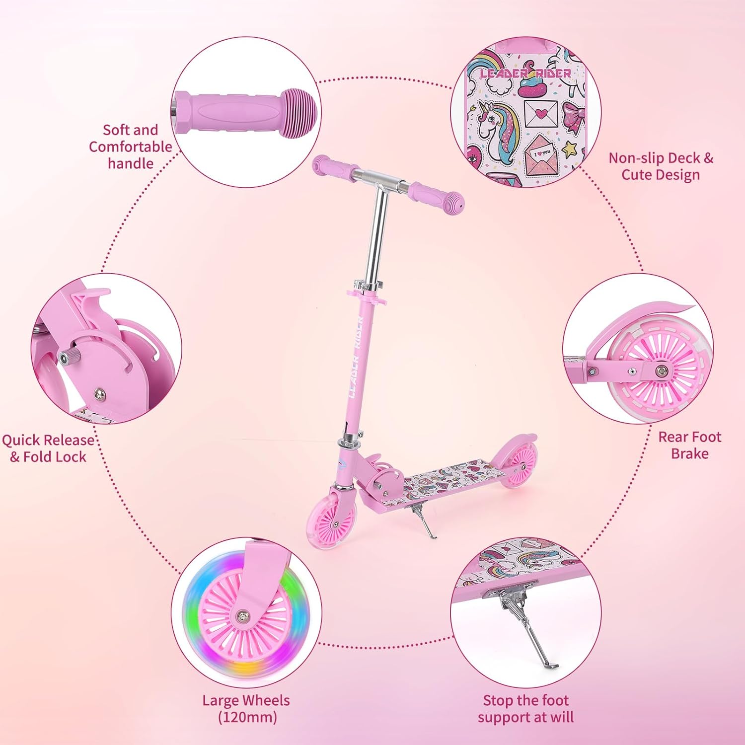 Kick Scooter - Collapsible Portable Kids Push Scooter - Lightweight Folding Design with High Visibility RGB Light Up LEDs on Wheels
