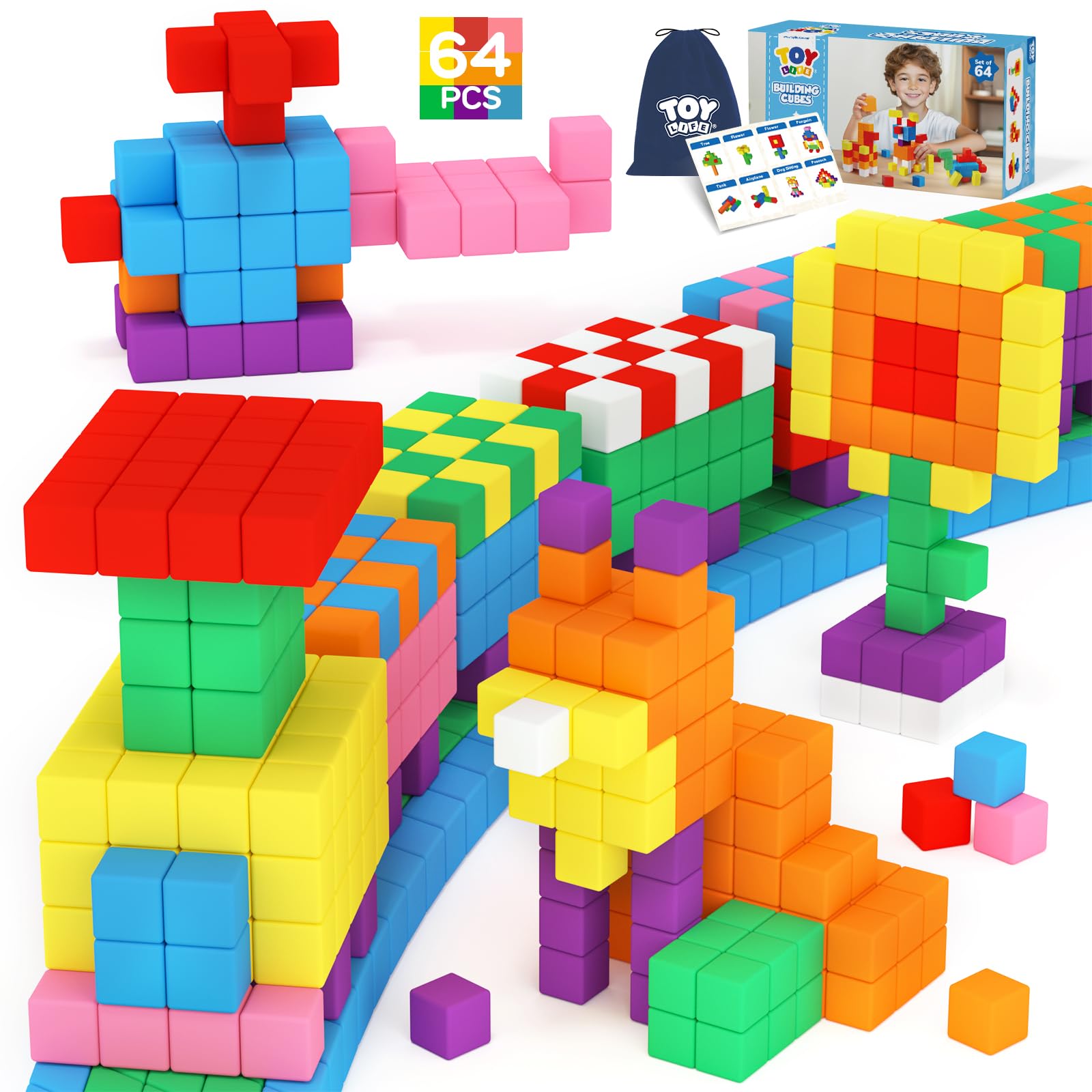 64PCS Magnetic Blocks, Magnetic Building Blocks for Kids Ages 3 4 5 6 Year Old, Magnet Cubes, Autism Montessori Toys, Preschool STEM Educational Sensory Magnet Toys Gifts for Kids 3-5 4-8