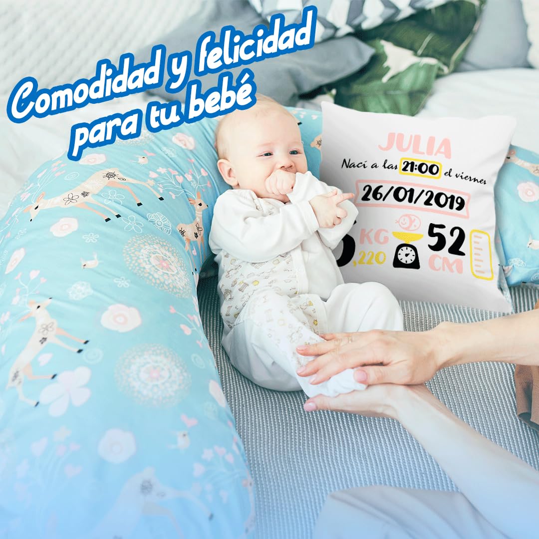 NANNUK | Cojín Personalizado para Recién Nacido | con Nombre, Hora, Fecha, Peso y Medida | Almohada Bebe Bebe Personalizado (Rosa Y Beige)