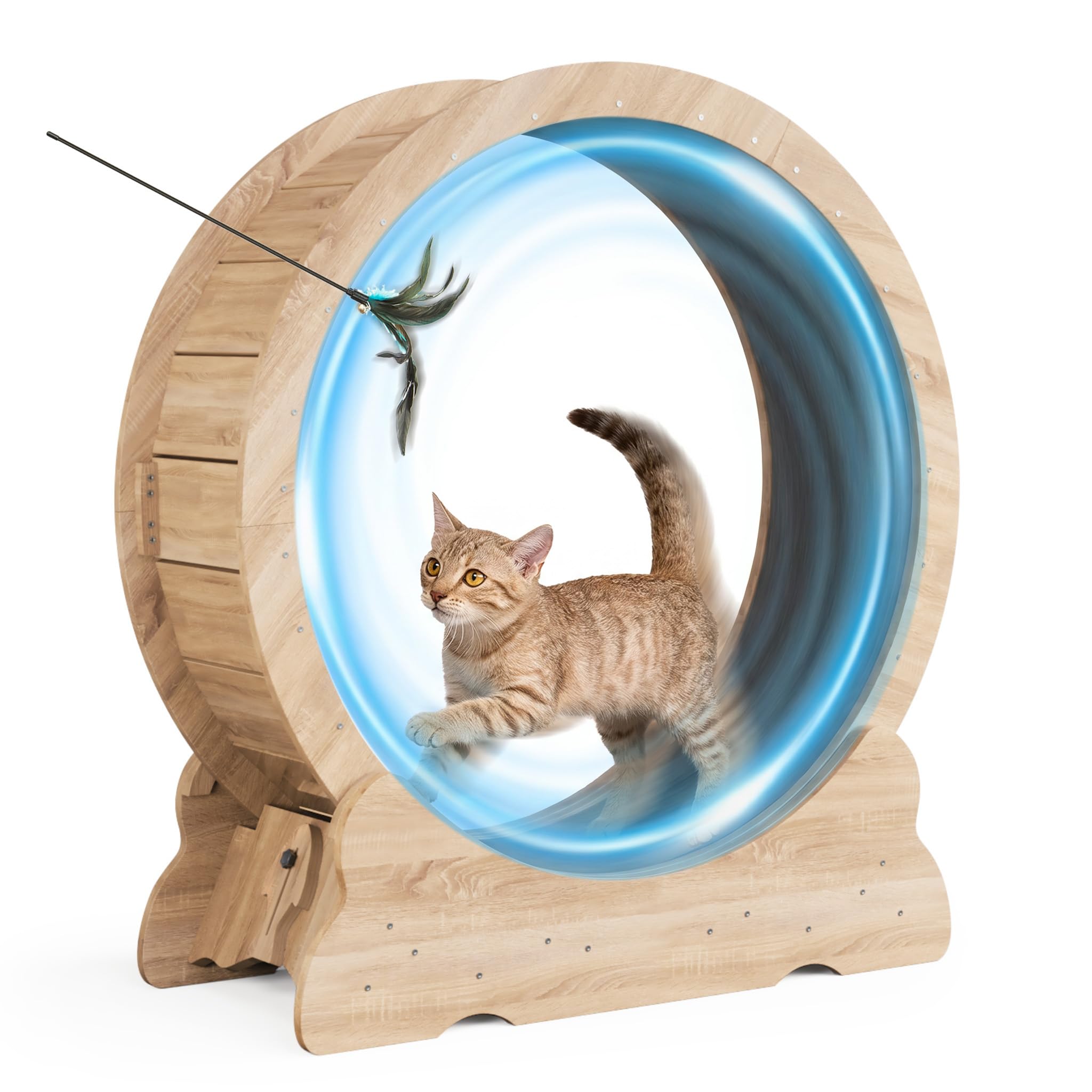 Mondeer Cat Wheel, 35.4 Inch Cat Exercise Wheel for Indoor Cats Treadmill with Detachable Carpet and Teaser, for Running Walking Training, Natural Wood