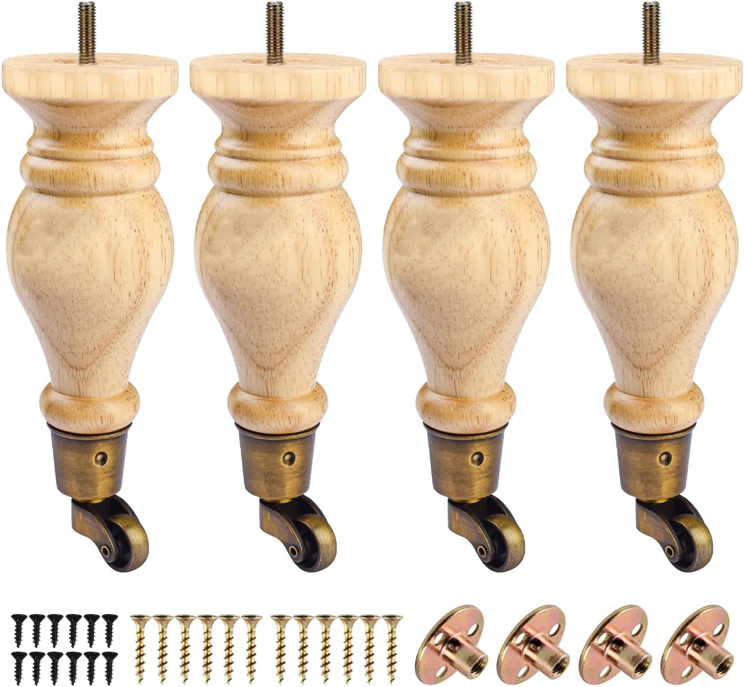 9 Inch /22cm Wooden Furniture Legs with Castors, 4Pcs Walnut Solid Wood Cabinet Legs Round Gourd Wooden Turned DIY Replacement Bun Feet for Couch,Armchair,Chair,Recliner,Ottoman,Cabinet