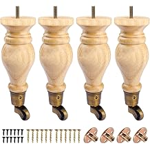 9 Inch / 22cm Wooden Furniture Legs with Castors, 4Pcs Walnut Solid Wood Cabinet Legs Round Gourd Wooden Turned DIY Replacement Bun Feet for Couch,Armchair,Chair,Recliner,Ottoman,Cabinet