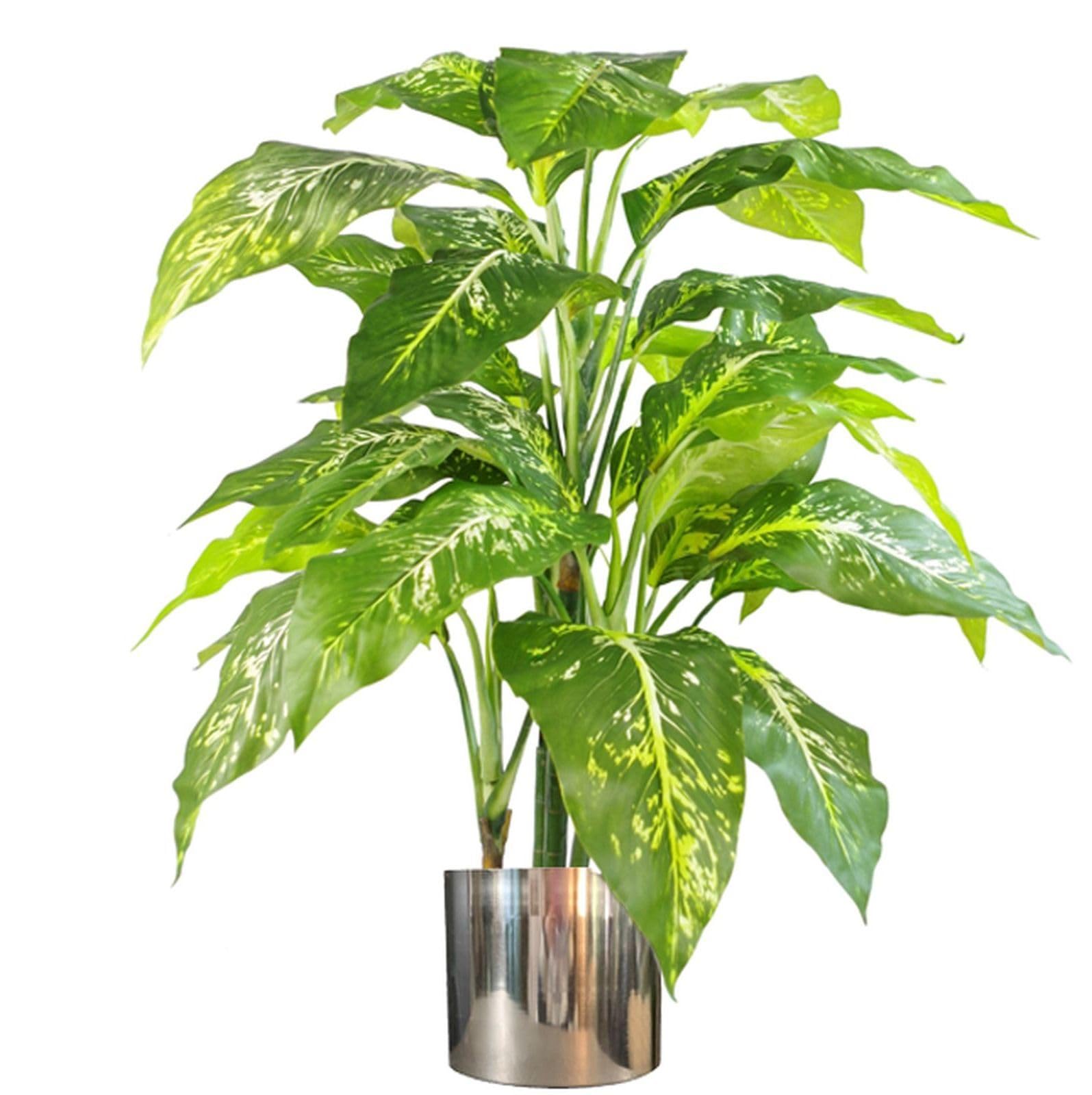 Leaf Artificial Fox's Aglaonema Tree 100cm - Green - Large - Silver Metal Planter