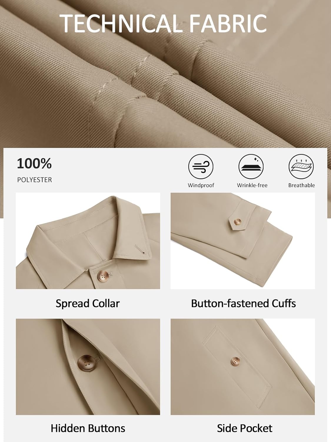 Yousify Mens Trench Coat Single Breasted Casual Slim Fit Windbreaker Lapel Lightweight Long Jacket Overcoat - Image 5