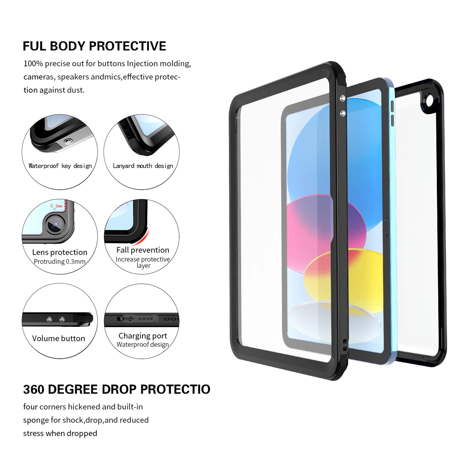 Funda Impermeable para iPad de 10.ª generación (10,9 Pulgadas, versión 2022), IP68 Resistente al Agua, protección Completa de 360 Grados, Funda a Prueba de caídas a Prueba de Golpes