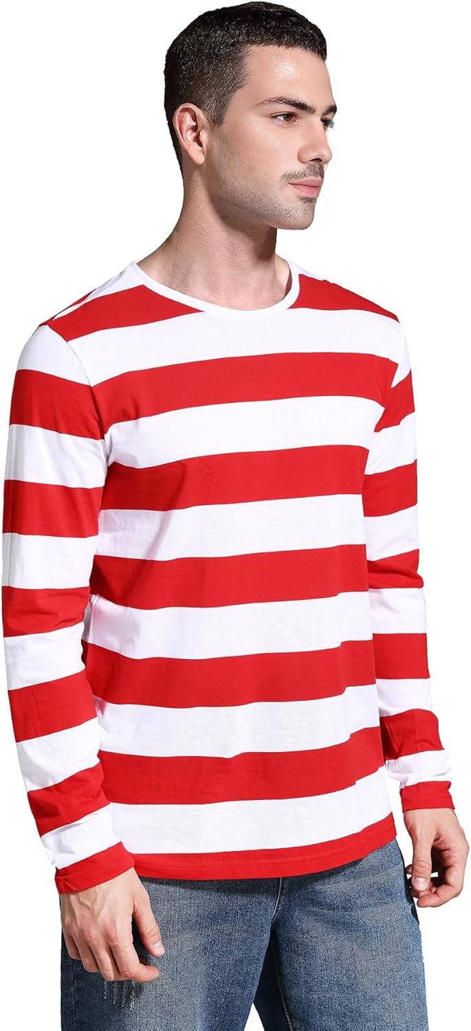 Mens Striped Shirt Wide Stripes Long Sleeve Crew Neck Tees Tops Casual - Image 3
