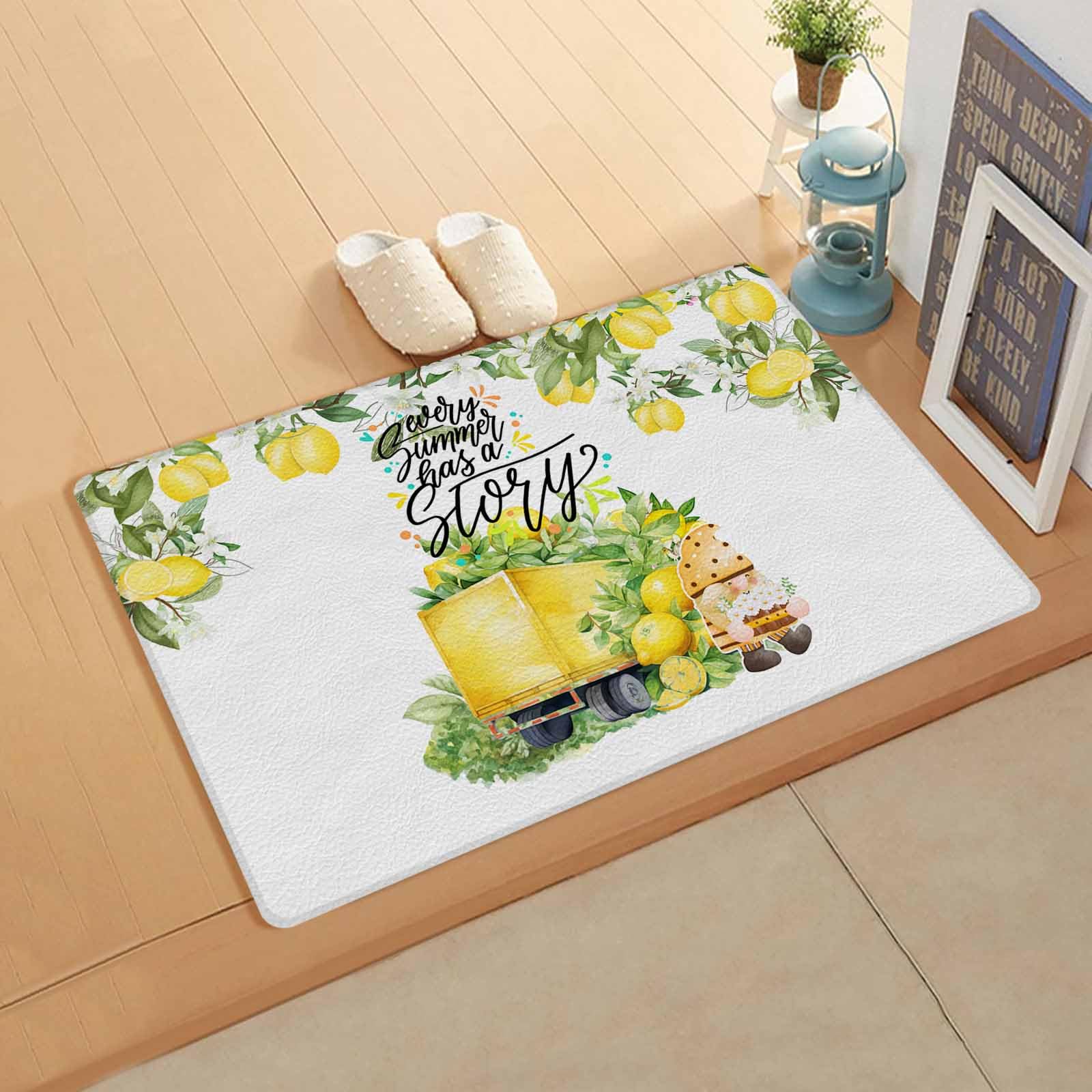 Summer Lemon Antifatigue Kitchen Bath Door Mat Cushioned Runner Rug,Washable Welcome Floor Sink Mat,Waterproof & Non-Slip Standing Doormat for Kitchen,Spring Summer Fruit Gnomes Yellow White 24