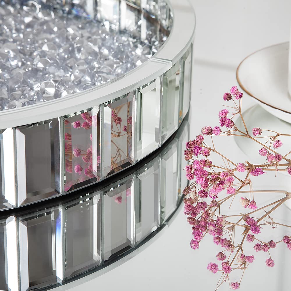 SHYFOY Bandeja Decorativa con Espejo, Bandejas Decorativas Modernas de Cristal de Diamante Triturado, Bandeja Redonda Grande de Plata, Organizador de Maquillaje de tocador para tocador, Diámetro 35cm