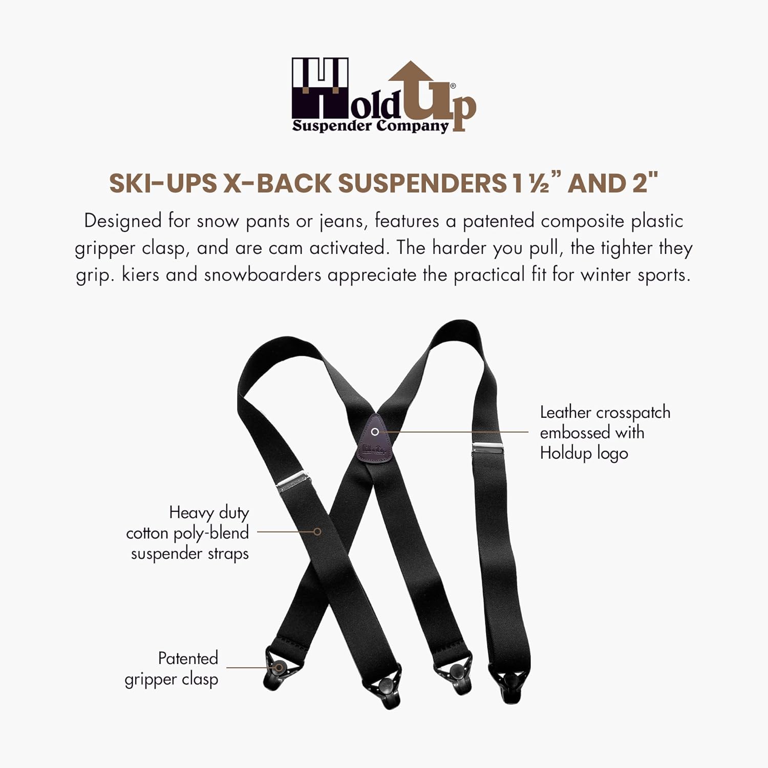 Hold Up Suspenders for Men - Ski Suspenders 1 1/2" - USA Patented Black Composite Plastic Heavy Duty Gripper Clasps - Image 2