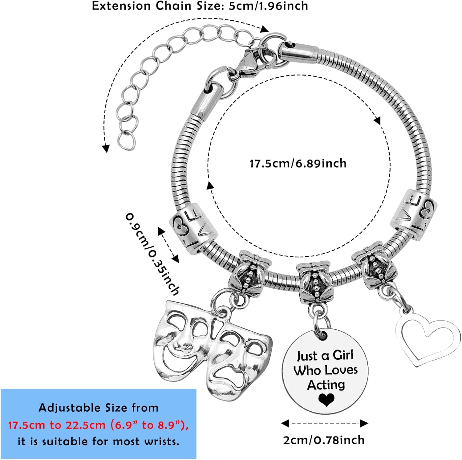 Mwphuy Theater Gifts for Women friend Theater Bracelet Actor Gifts for Theatre Lovers Bracelet Drama Teacher Gift Who Loves Charm Bracelet Drama Student Graduation Gift Theater Inspirational Gifts - Image 5