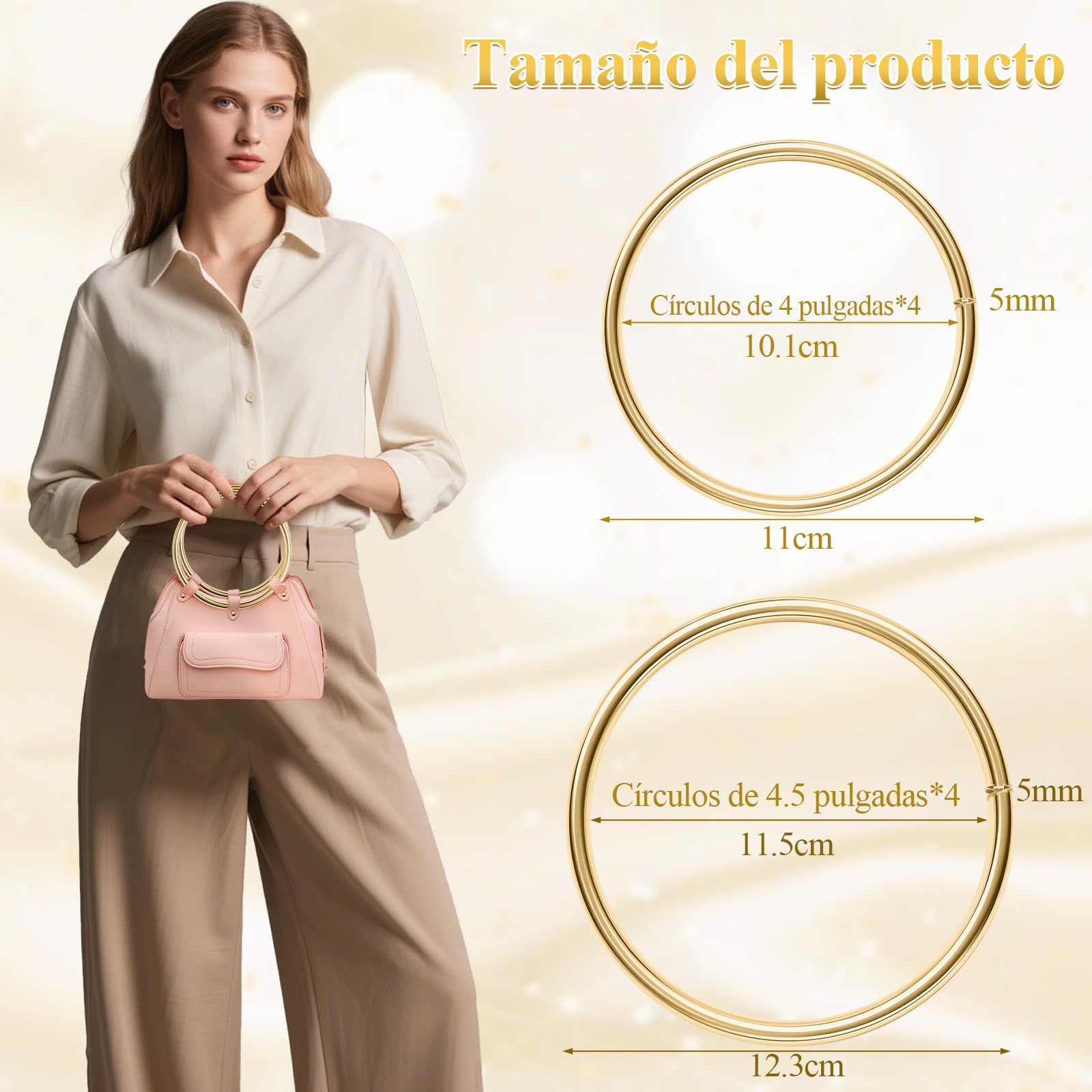 KASURE 8 x Asas de Bolso, Diá 10cm(4) & Diá 11.5cm(4) Asas para Bolsos Redondas, Asas de Equipaje para Hacer Bolsas Marco Bolso Hecho a Mano Ganchillo Artesanales Bricolaje (Luz de oro)