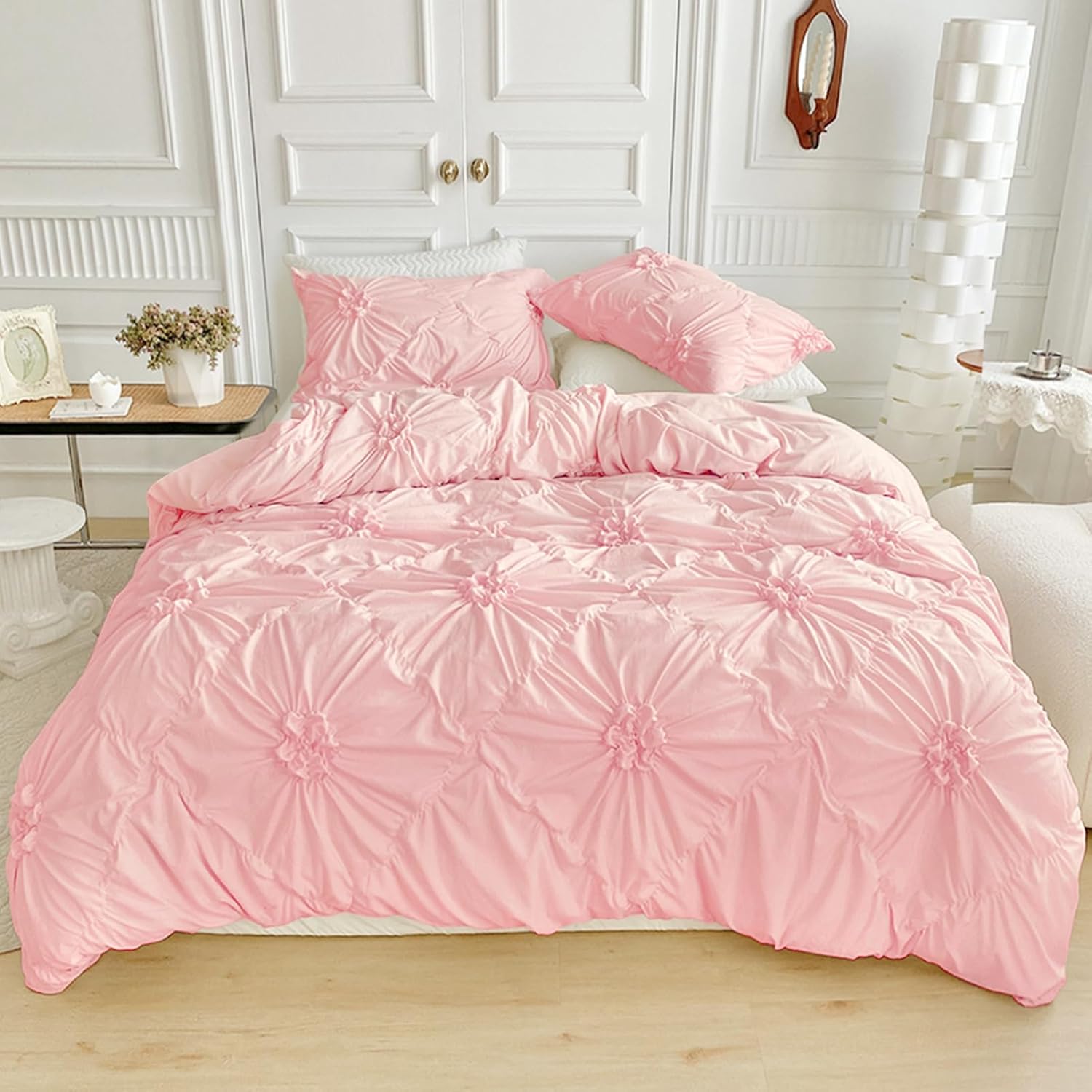 Pink Flower Duvet Cover Twin Size,2PCS Soft Microfiber Bedding Set,Boho Textured Geometric Pattern Duvet Cover with Corner Ties & Zipper Closure (66"x90"-1 Duvet Cover,1 Pillow Cases)