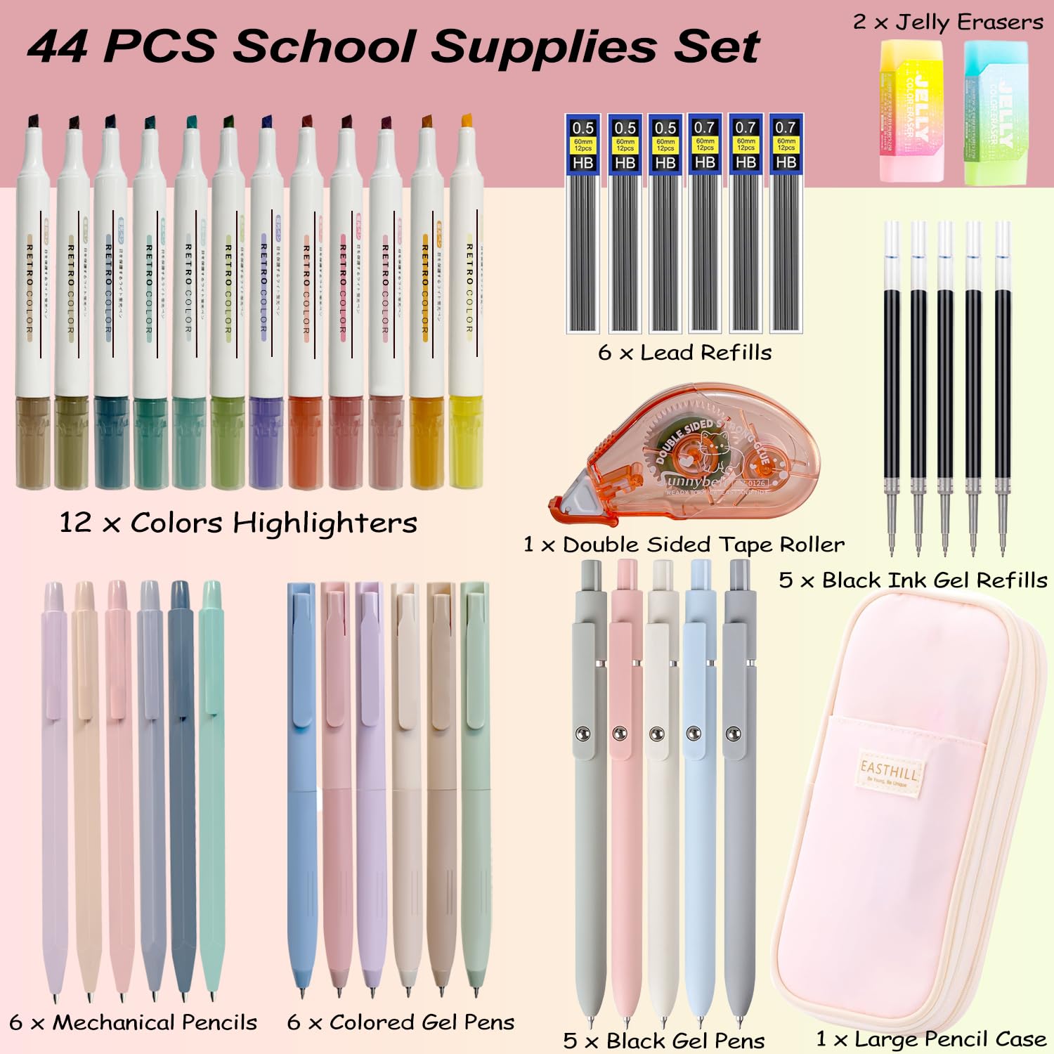 44 PCS Aesthetic School Supplies with Pencil Case, 12 Pastel Highlighters, 5 Black Ink Gel Pens, 6 Colored Gel Pens - Image 2