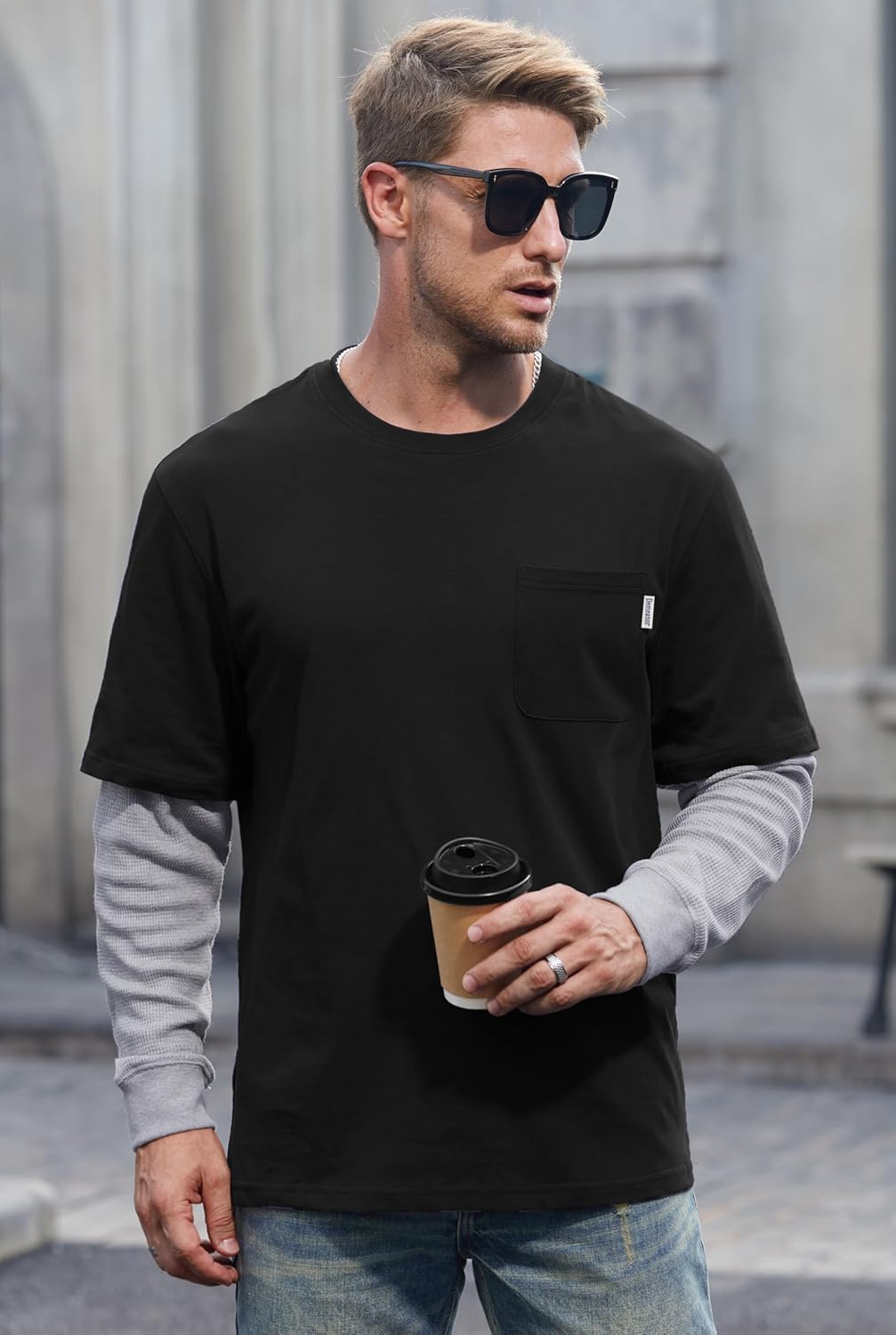 Mens Layered Shirt Waffle Longsleeve Cotton Faux 2-Piece Casual Pullover with Pocket (S-XXL) - Image 4