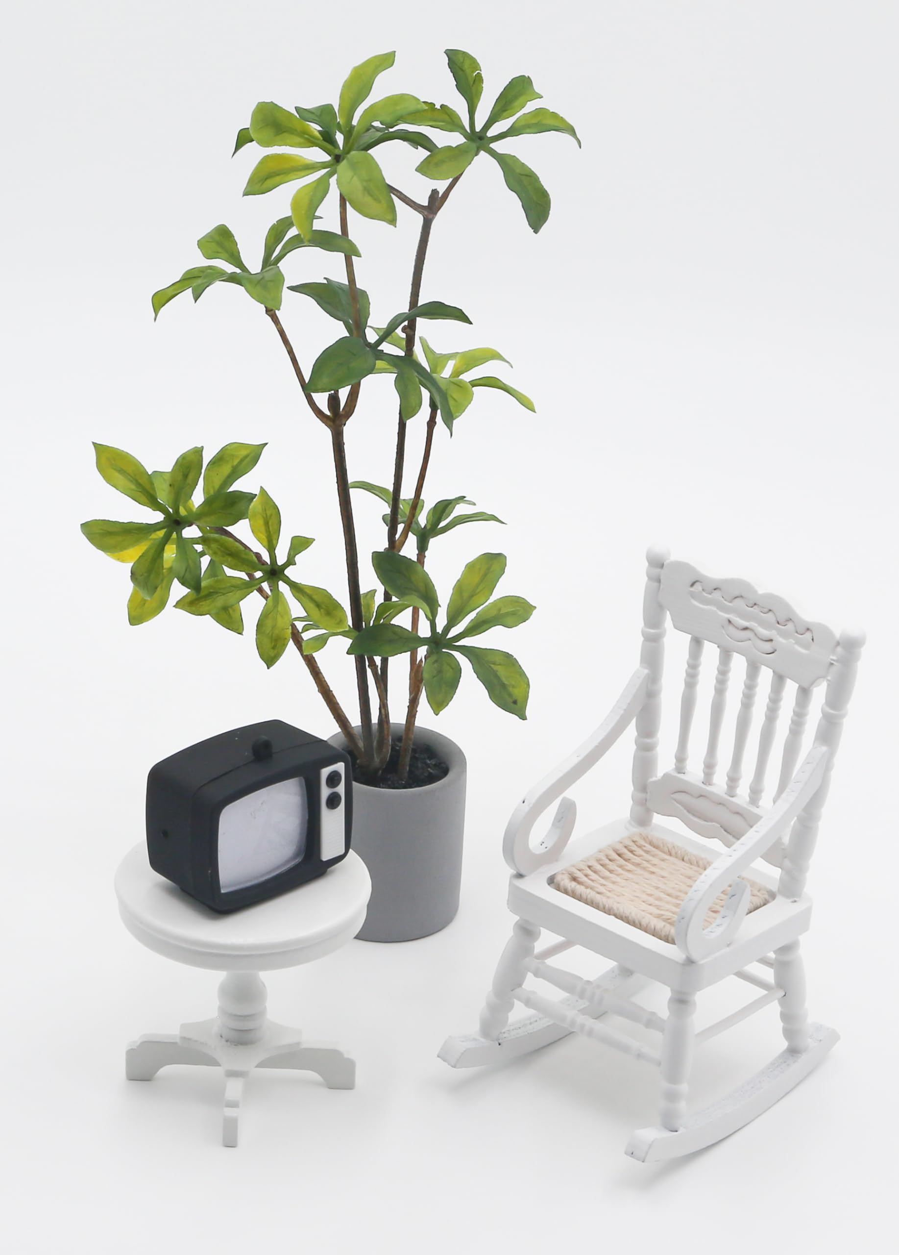 Minamzee 4Pcs 1:12 Dollhouse Wooden Rocking Chair Set Miniature Side Table, Nostalgic TV, Floor Plants Mini house Furniture Accessories for Living Room Bedroom, Kitchen, Outdoor Home Office, Desk