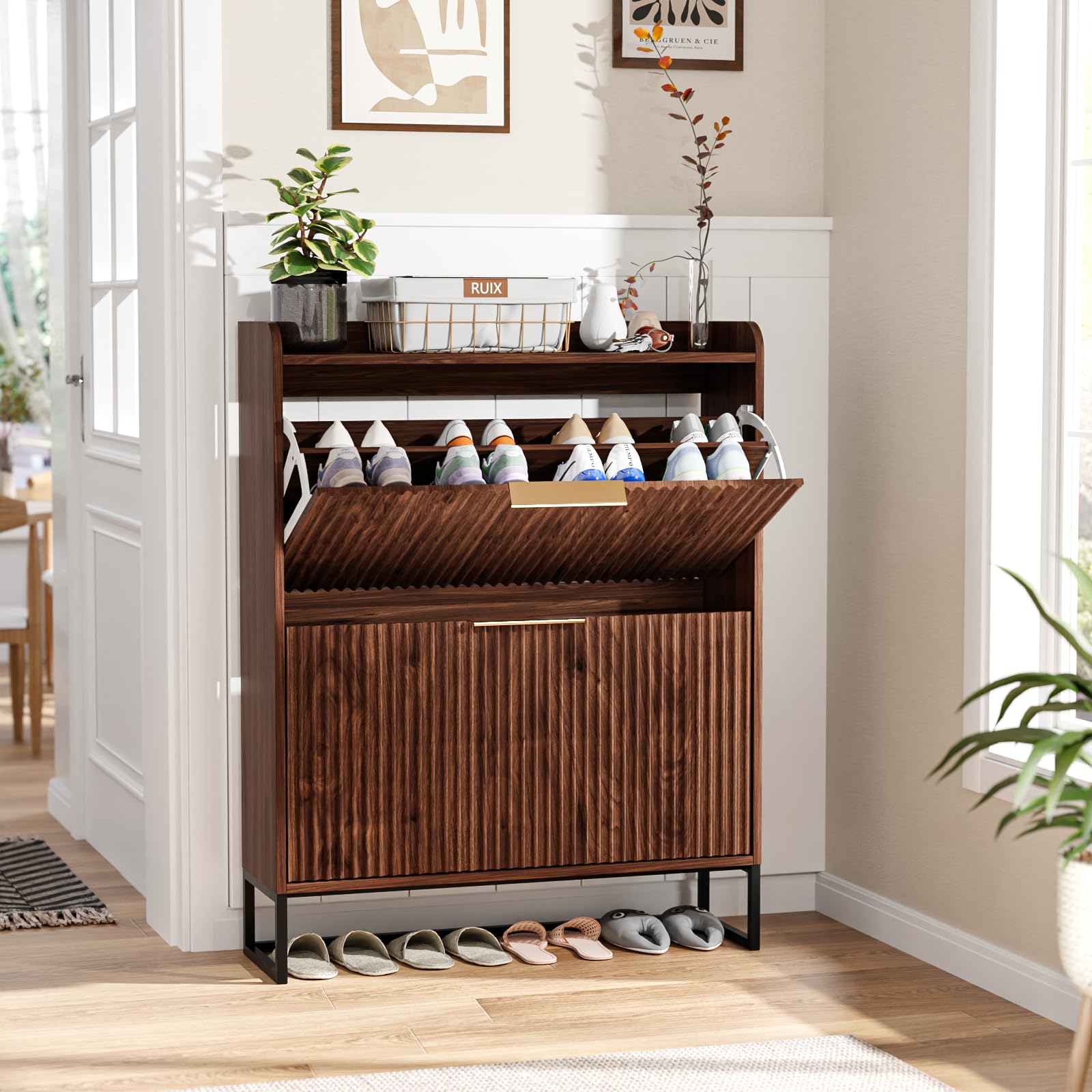 Bonnlo Shoe Cabinet with 2 Flip Drawers, Mid-Century Modern Design, Space-Saving Hidden Shoe Storage for Hallway Organization (Walnut)