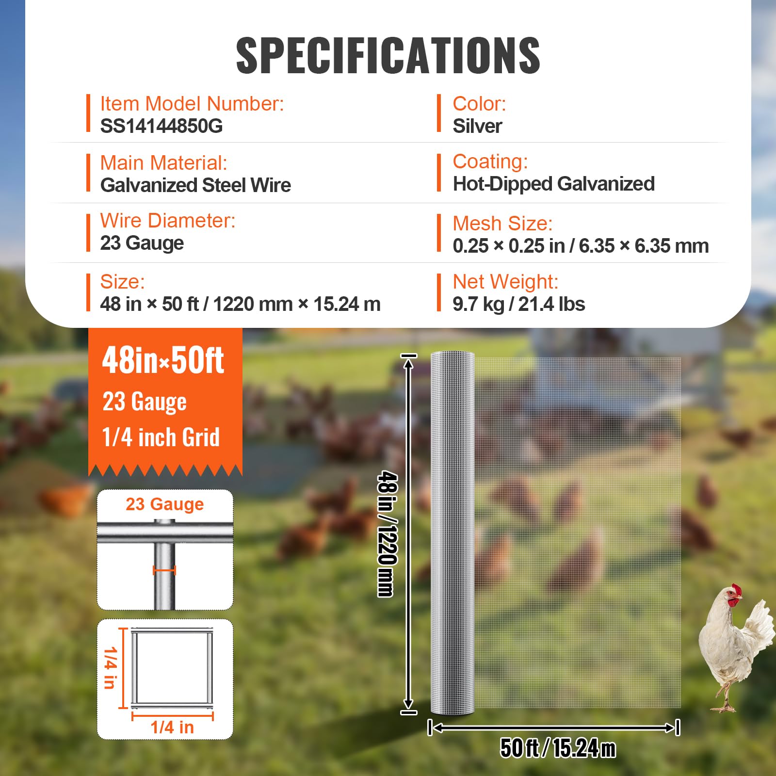 VEVOR Grillage métallique soudé 1220mm x 15,24m rouleau treillis métallique galvanisé à chaud maillage 6,35 x 6,35 mm clôture en fil de poule calibre 23 pour cages à lapins, jardin, petits rongeurs