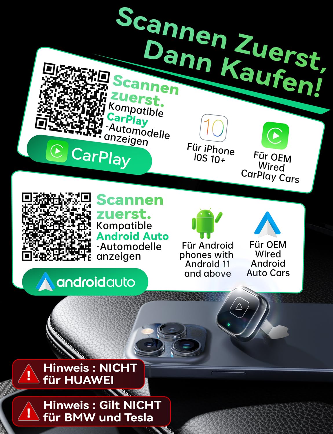 Wireless Carplay & Android Auto Adapter, Mavlou Metalldesign Mini & Stabiler 2-in-1-Dongle, Convert Wired CarPlay/Android Auto zu Wireless, für iOS 10+/Android 11+ & Autos ab 2016