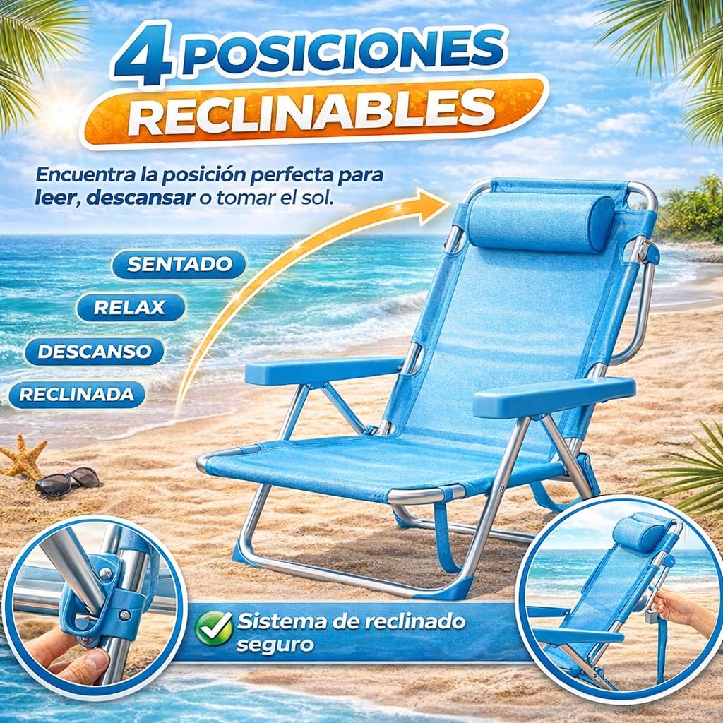 TIENDA EURASIA – Silla de Playa Plegable | Azul Turquesa | Estructura de Aluminio y Textileno | 4 Posiciones | con Cojín reposacabezas | Medidas 60x22x85.5 cm | para Peso Máximo de 110Kg