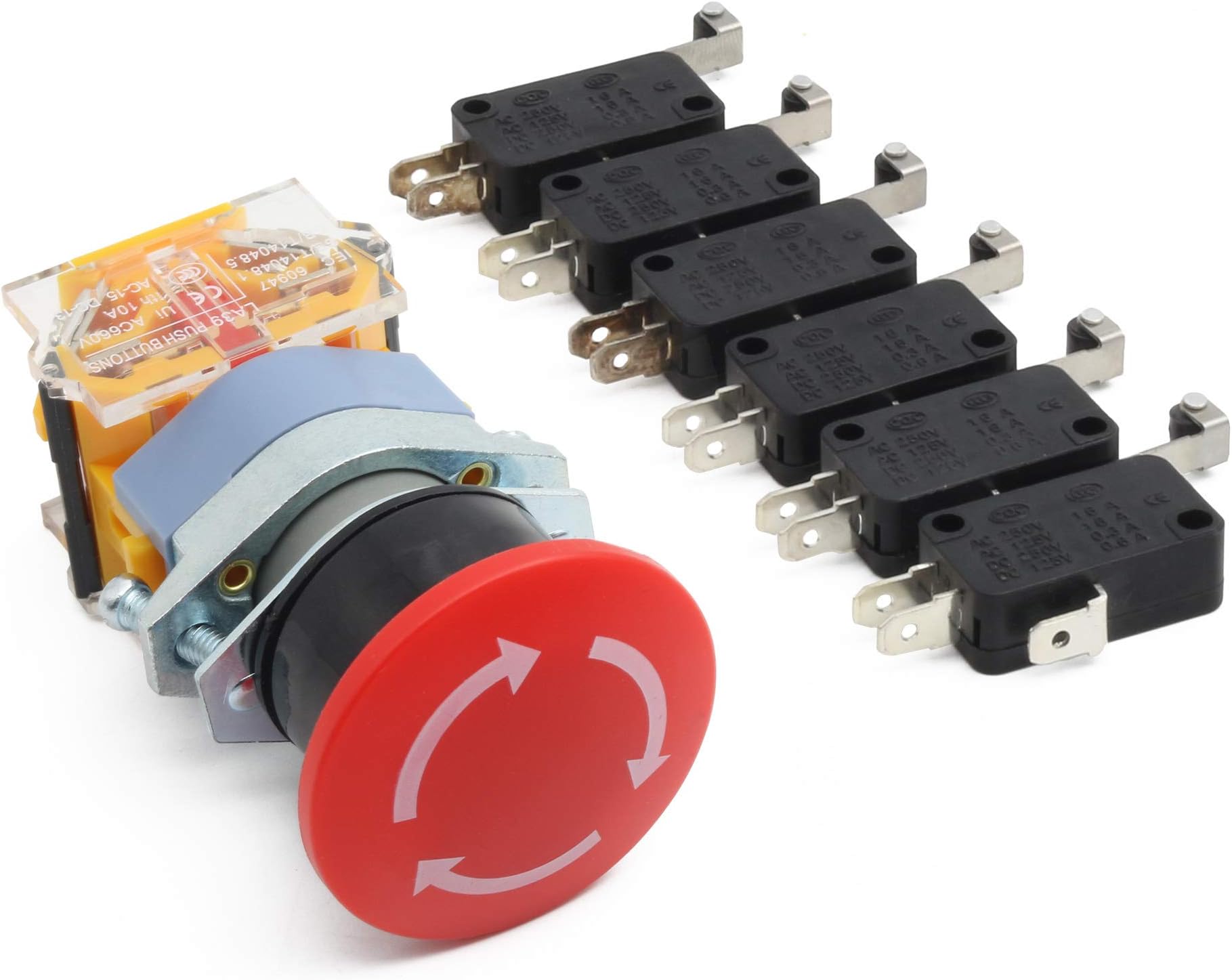 RATTMMOTOR Emergency Push Button Switch AC 400V Mushroom Red Sign E-Stop 22mm NO NC + 6pcs End Stop Micro Limited Switch for CNC Router Machine