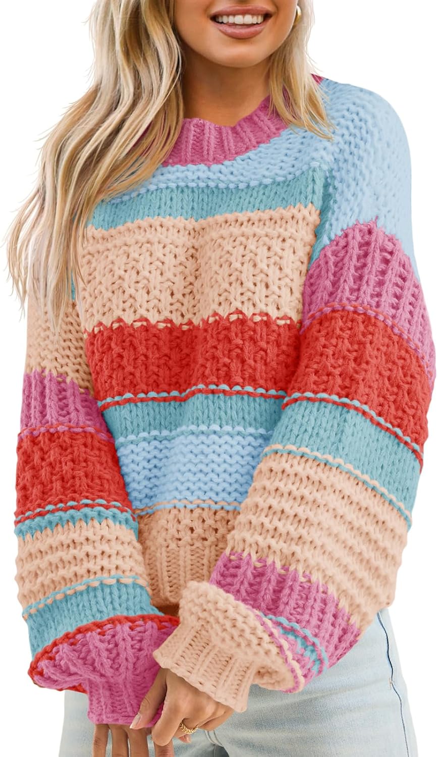 Saodimallsu Womens Color Block Sweater Striped Chunky Knit Cropped Sweaters Crewneck Fall Long Sleeve Loose Pullover Tops