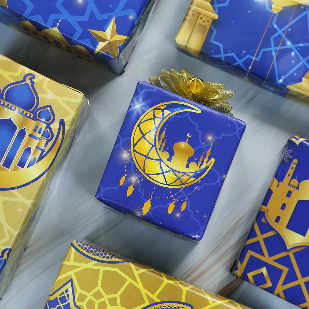 6 fogli di carta da regalo Eid Mubarak, blu e oro, per Ramadan, luna, stella, pelita, moschea, carta da regalo, per feste islamiche, feste islamiche, feste musulmane, confezione regalo, 68 x 51