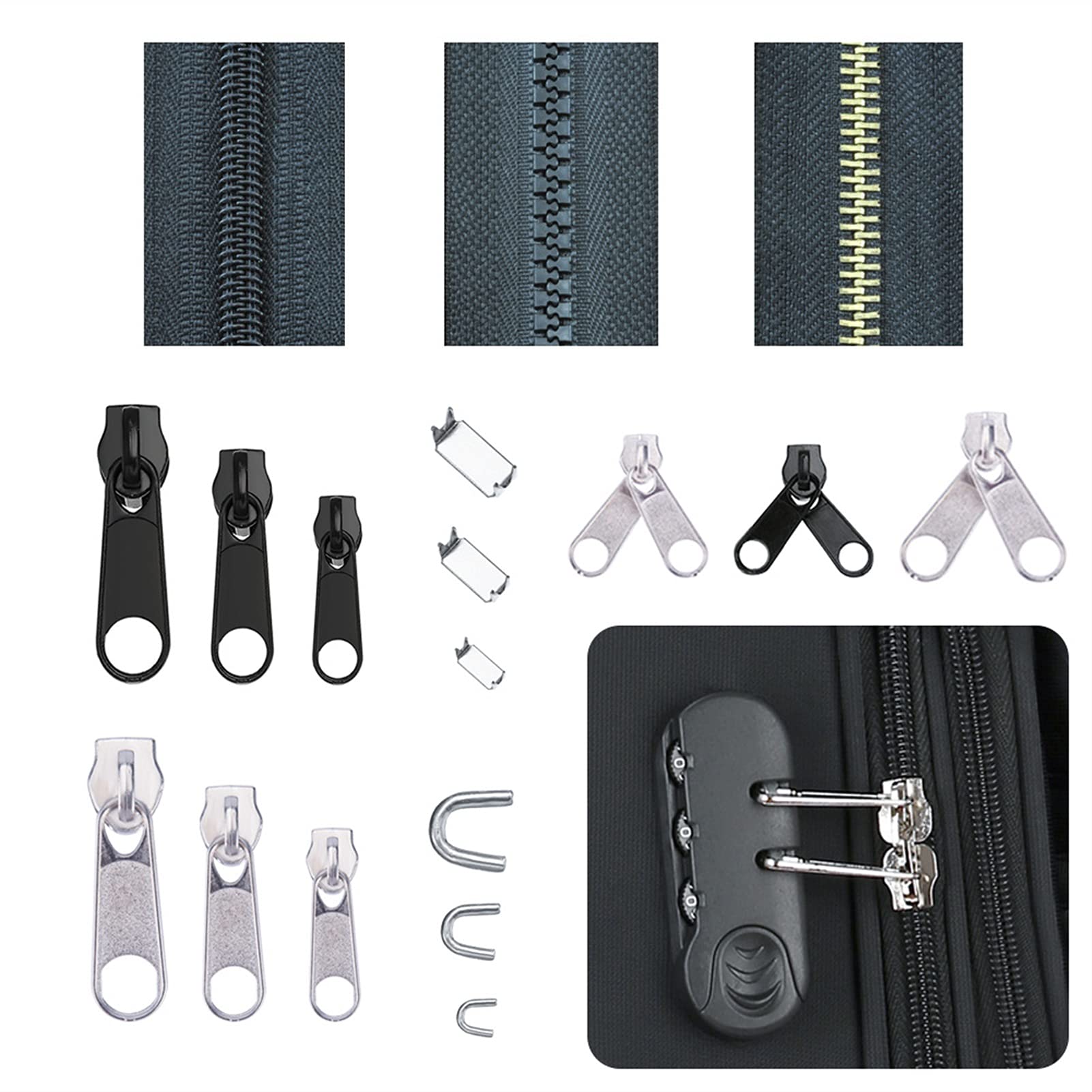 Lnanqing-Chiusure lampo Sostituzione della cerniera Sostituzione Universale Utensili ausiliari Strumenti di riparazione ausiliaria Zip Slider Denti per Borse Suda Giacca per cucire Bulk Bulk Set, Mult