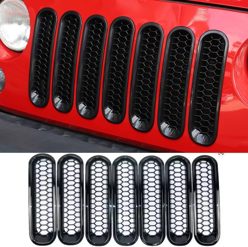 7PCS Front Grill Mesh Inserts Grille Cover Guard Trim Kit for Jeep Wrangler JK JKU Unlimited 2007-2017 Car Exterior Accessories (With keyhole)