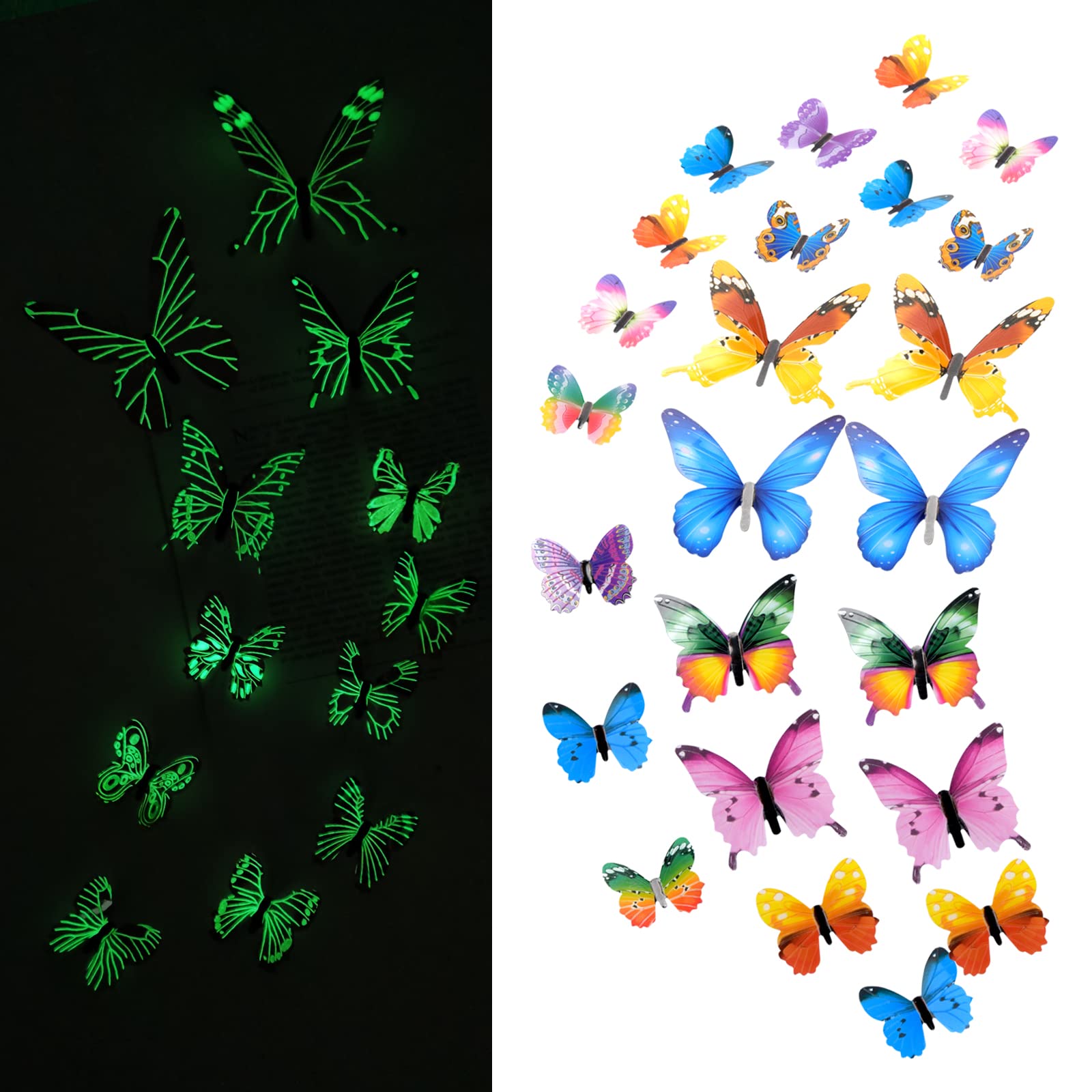 3D Butterfly Wall Decor Glowing Stickers - 24Pcs Butterflies Aesthetic Wall Art DIY Fluorescent Wall Decals for Living Room Bedroom Family Home Office Stickers for Kids and Adults