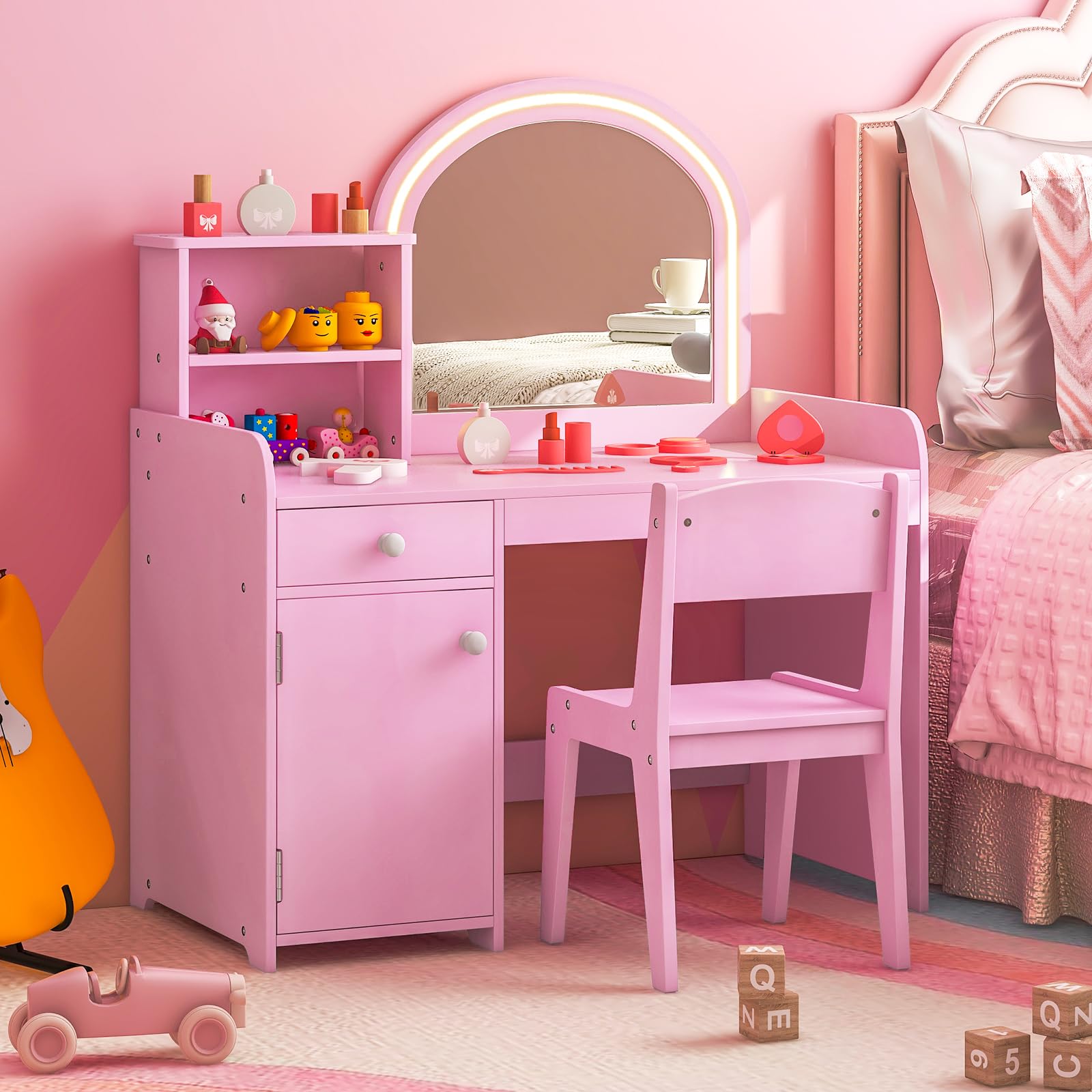 GOPLUS 2 in 1 Schminktisch für Kinder, Schminktisch- & Stuhl mit Regale, Schublade & Schrank, Prinzessin Frisiertisch mit Spiegel & zweifarbigen LED-Lichtern, für Kinder ab 3 Jahren (Rosa)