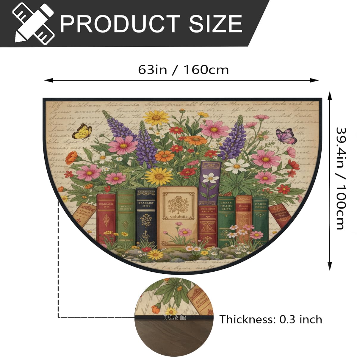 Große halbrunde Fußmatte – Bücher Blumen waschbar rutschfest halbrund Eingangsbereich Teppich – niedlicher, weicher, halbrund, saugfähiger Teppich für Küche, Badezimmer, Schlafzimmer, 160 x