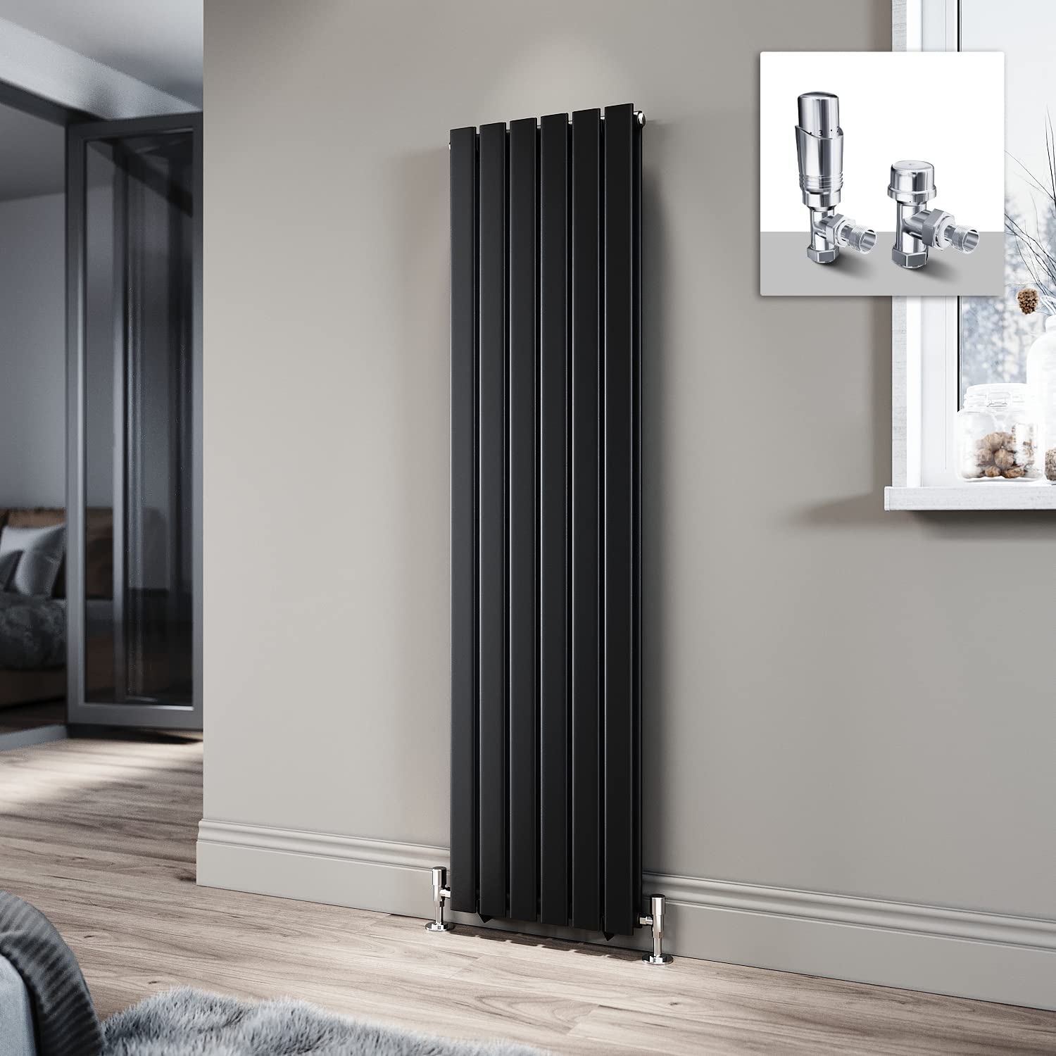 ELEGANT 1600 x 408mm Radiator Black Vertical Radiator Flat Panel Designer Radiator Double Panel Tall Upright Central Heating Radiator with Chrome Thermostatic Valves