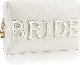 Kovewon Bride Patch Letter Makeup Bag for Women Bridesmaid Engagement Gift for Her White Pearl Rhinestone Travel Toiletry ...