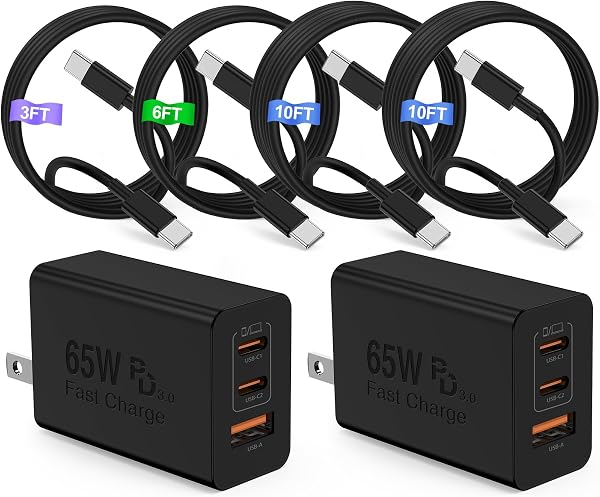 65W USB C Charger Block, Super Fast Charging Station/3+6+10+10ft Type C Cable Cord Long, 100W Laptop Adapter for Samsung Galaxy S26 S25 S24 S23 S22 S21 20 Ultra/MacBook Pro/iPhone 18 17 16 15 Pro Max