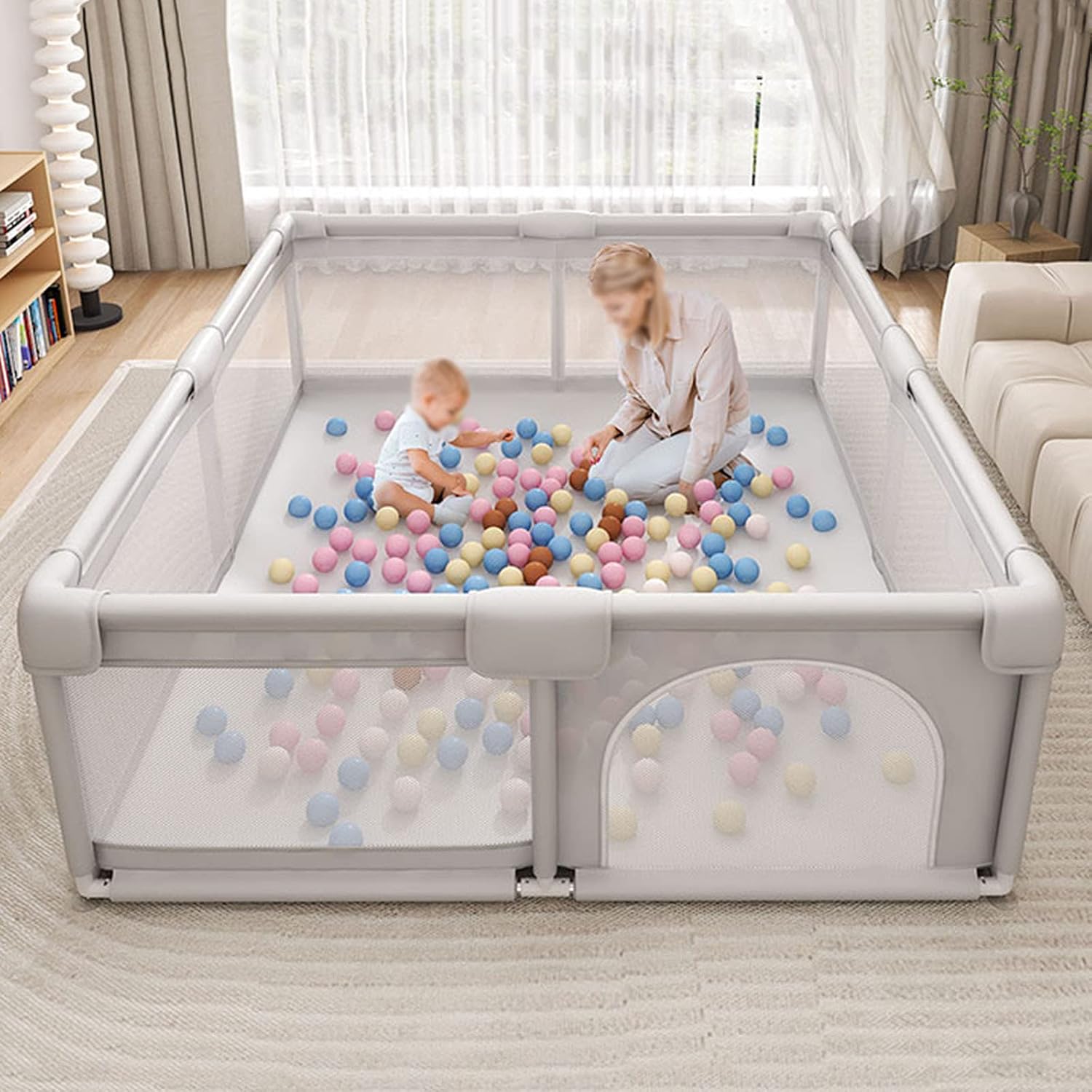Jolan Baby Playpen,Baby Fence with Non-Slip Base and Breathable Mesh,Large Indoor Outdoor Kids Toddler Safety Playard Playpen,Crawling Fence,Anti-Fall/Portable Game Playpen,Grey-120×180cm