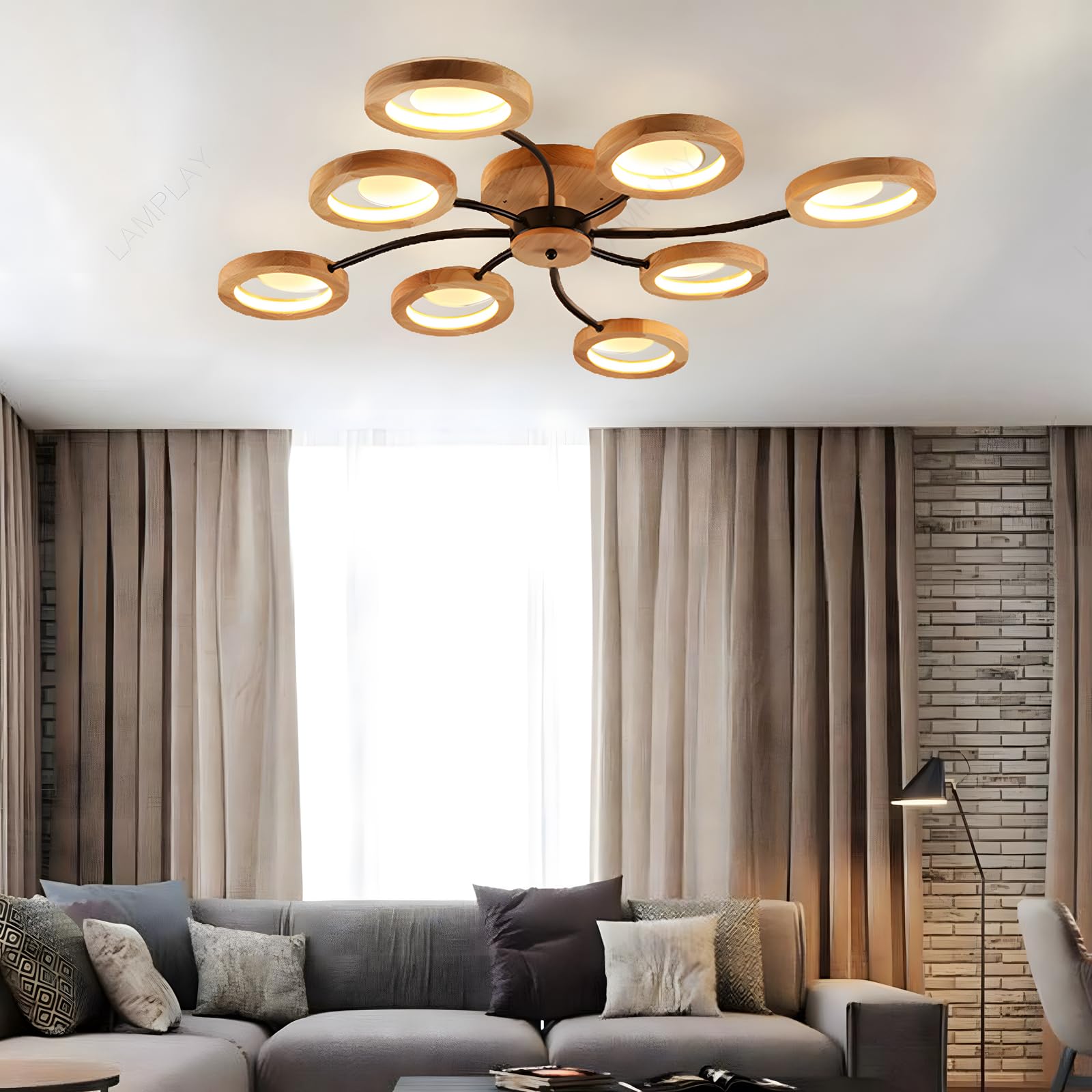 Lampada Da Soffitto Moderna A LED, Lampadario Ø114cm Dimmerabile Con Telecomando 3000K-6000K, Braccio Nero + 8 Anelli In Legno, Paralume In Metallo, Soggiorno Camera Da Letto Sala Da Pranzo