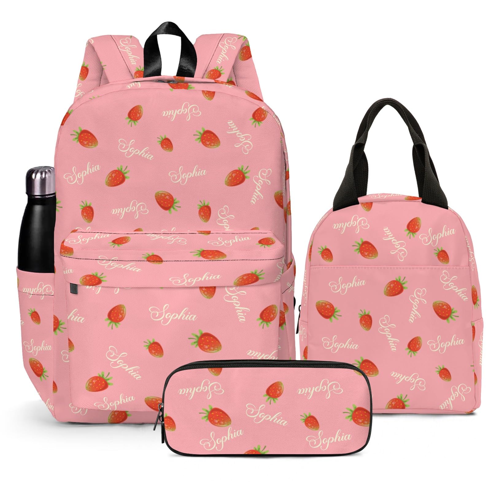 Personalized Strawberry Backpack for School, Cute Fruit Pattern Printed Kids School Bag Pink Bookbag Backpack Set with Lunch Bag Pencil Case
