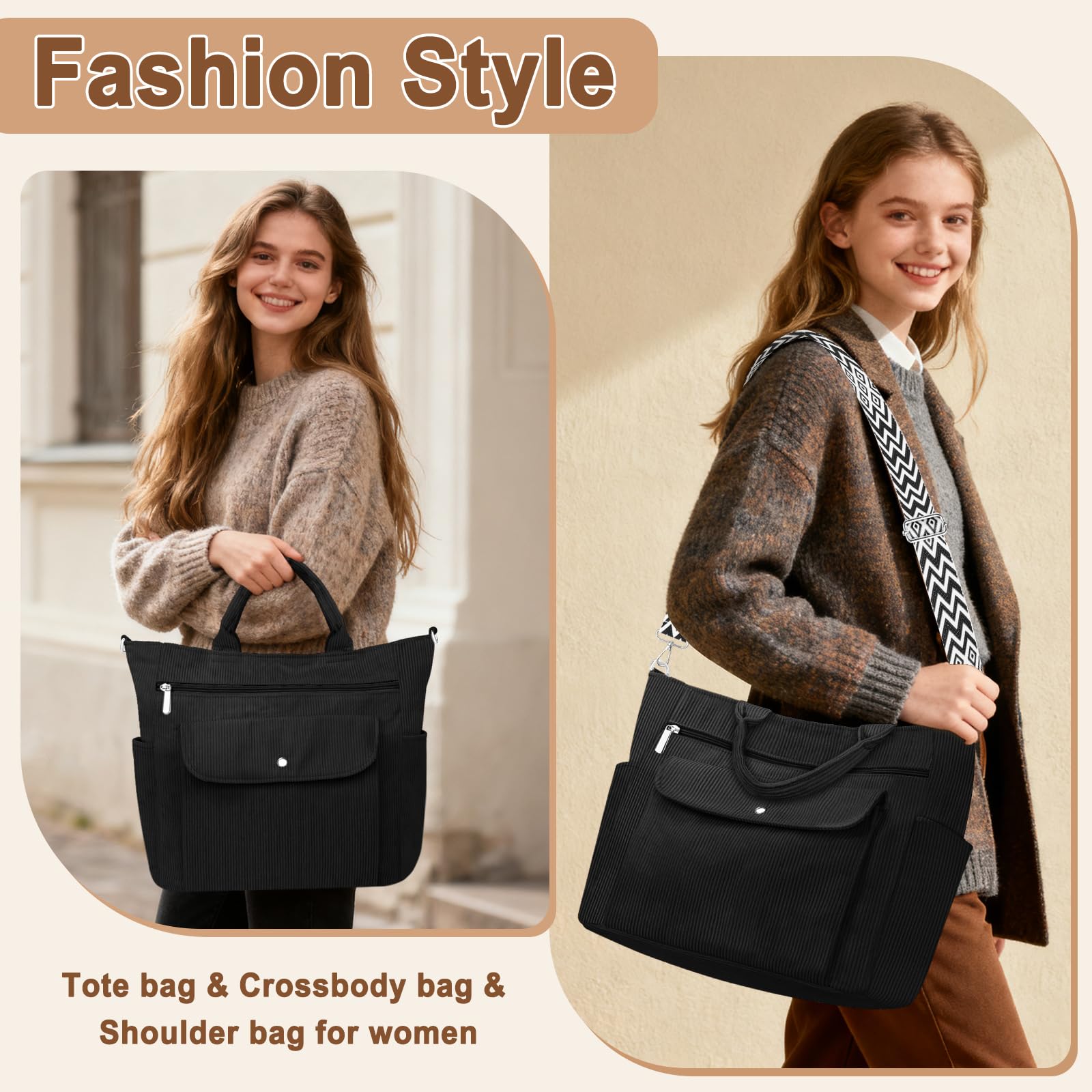 Grande Sac a Main Femme Velours Côtelé Sac Fourre Tout Sac Cabas Sac Multipoches avec Bandoulière Amovible Fermeture Éclair Sac Cours Lycee Sac Besace pour Shopping Travail Université