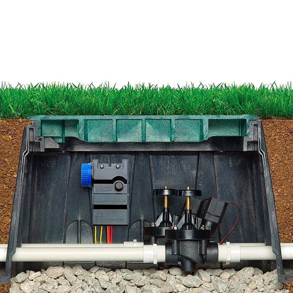 Arqueta HDPE Jumbo con cuerpo negro y tapa verde con Tapa de Cierre con Tornillo [70 x 53 x 31cm] 2 lengüetas grandes, tuberías hasta 75mm + 11 lengüetas tuberías hasta 0,5cm.