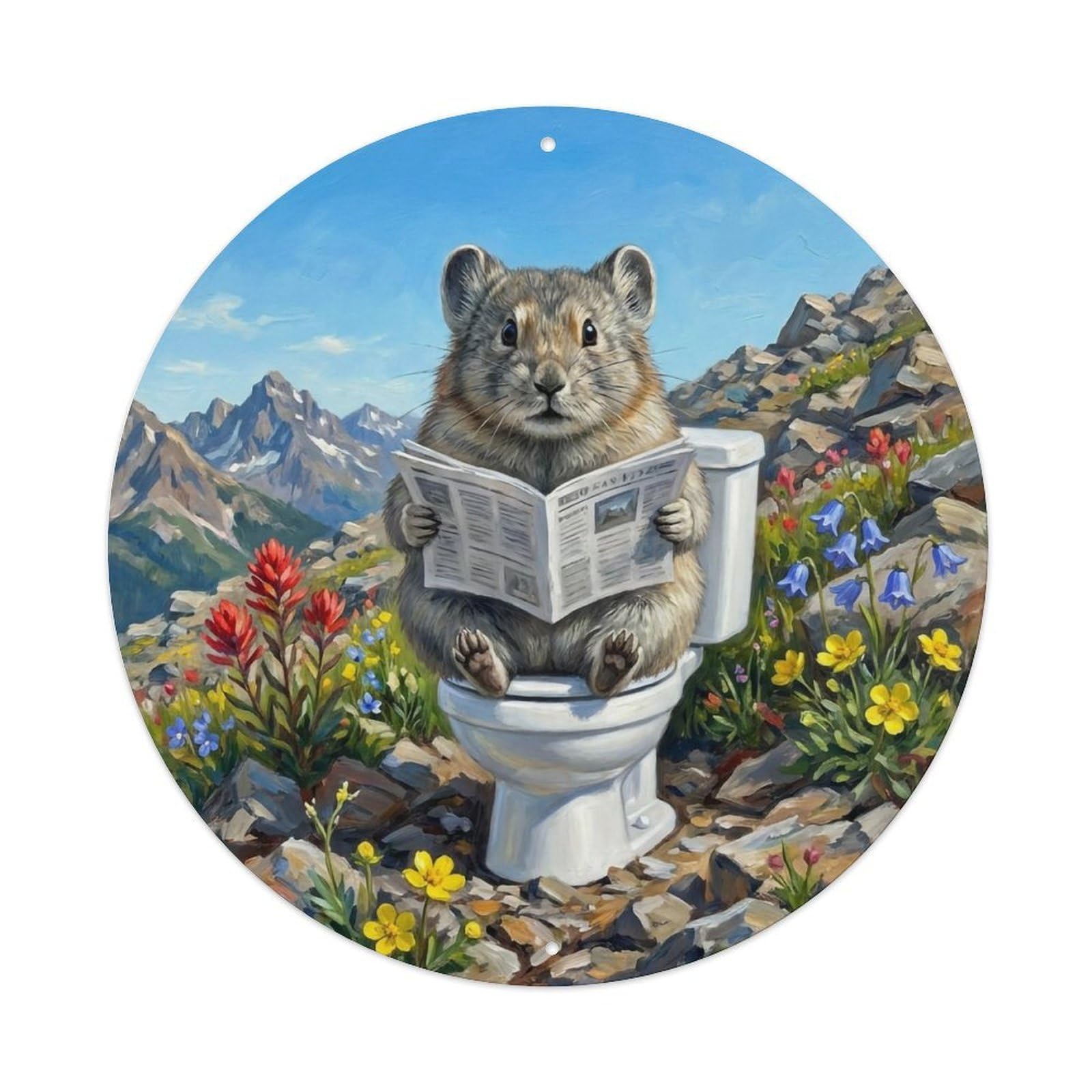 Pika On Toilet Humorous Bathroom Alpine Talus Reads Metal Tin Sign