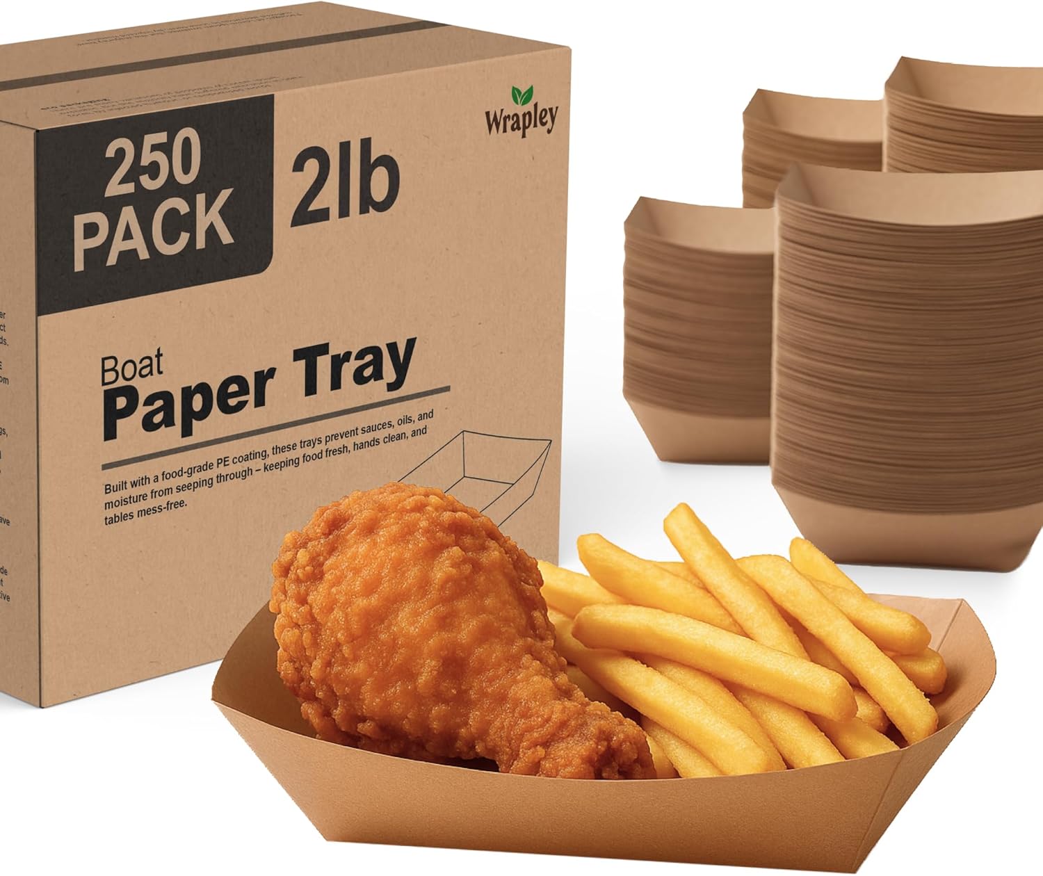 2 LB Disposable Boat Paper Trays, Grease-Resistant Paper Boats for Serving Food, PE Coated Kraft Charcuterie Boats for Snacks, Hot Dogs, Nachos & Tacos - 250 Pack