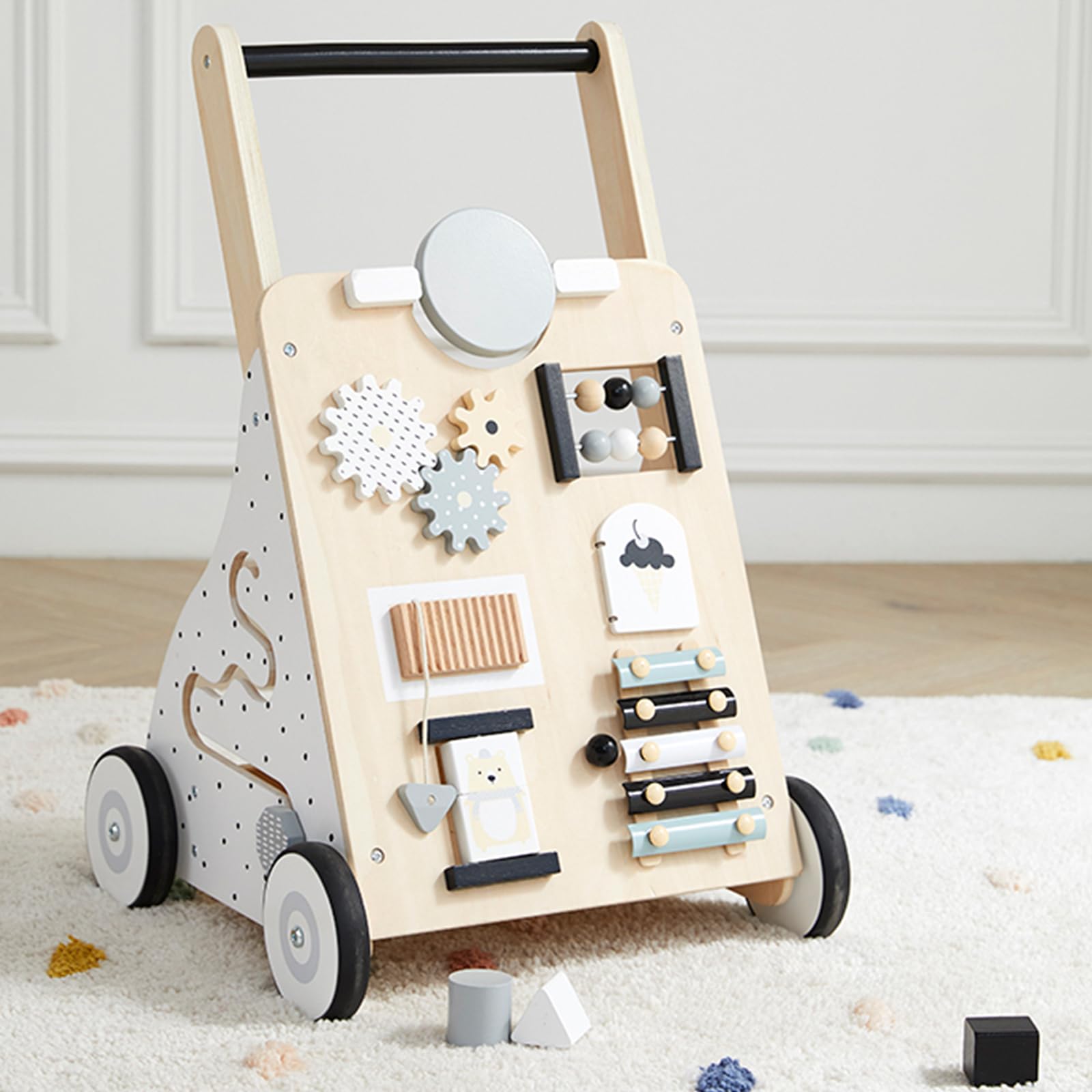 Asweets Wooden Baby Walker Push and Pull Learning Activity Walker Kids’ Activity Toy Multiple Activities Center Develops Motor Skills &amp; Stimulates Creativity(Natural)