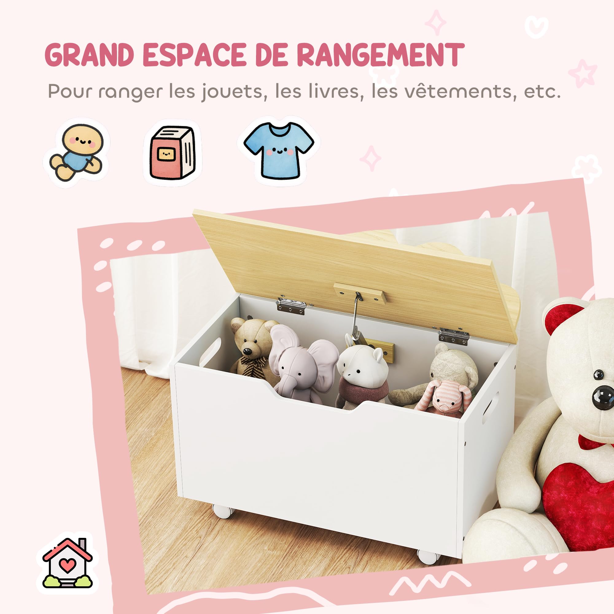 AIYAPLAY Kinderspielzeugtruhe auf Rollen, Kinderaufbewahrungsbox mit Klappdeckel, Sicherheitsscharniere, Spielzeugaufbewahrung für Mädchen und Jungen, 59 x 30 x 53 cm, weiß