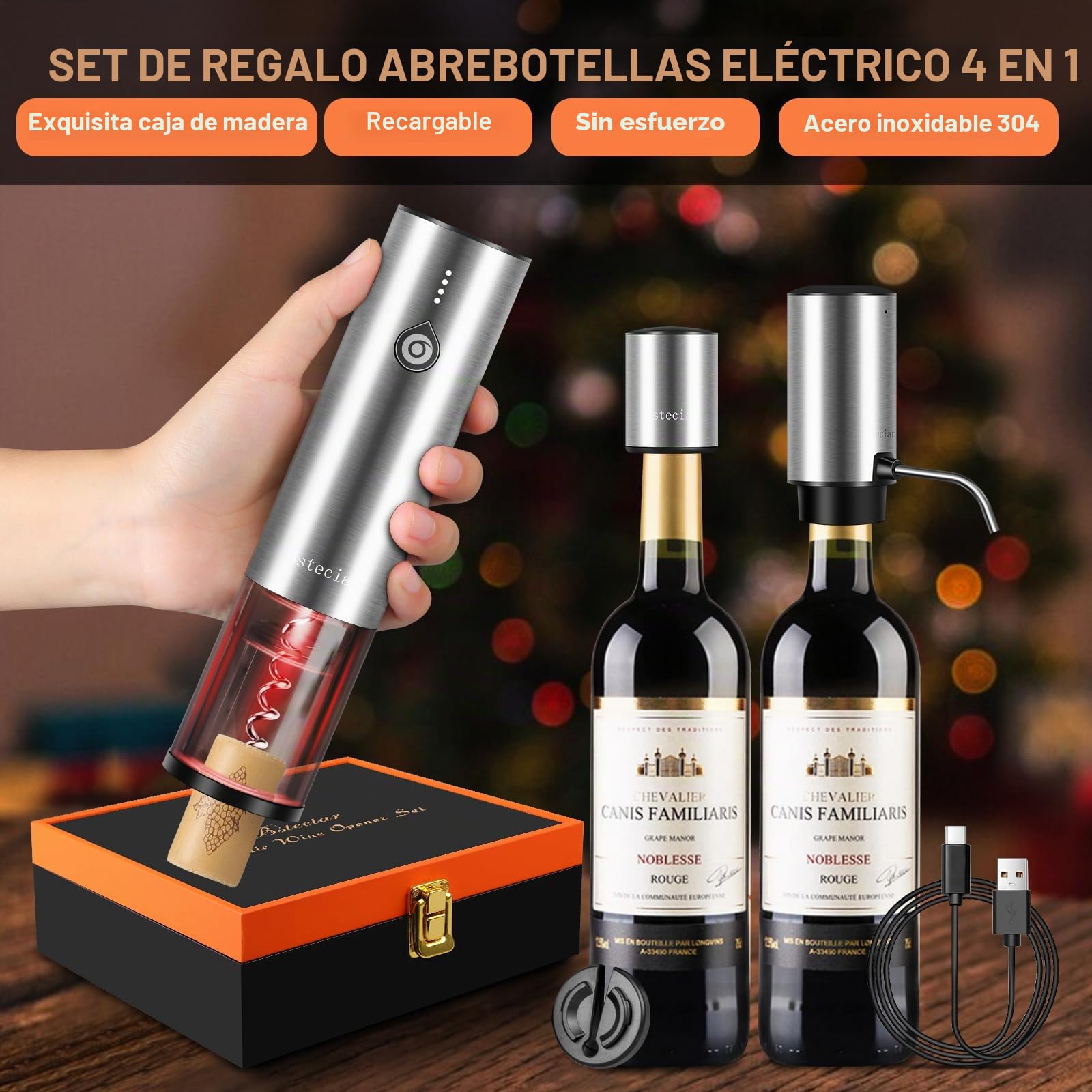 Sacacorchos Eléctrico Recargable, Regalo Set 4 en 1 Abridor de Vino Automático de Acero Inoxidable, Saca y Expulsa el Corcho con un Botón, Aireador Eléctrico de Vino, Tapón de Vacío
