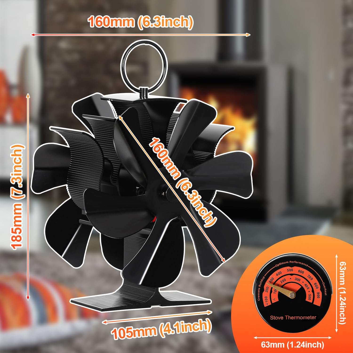 Ventilatore da camino a 6 fogli, doppio lato, senza corrente, per camino, silenzioso, con termometro magnetico, per braciere in legno, tubo da forno (2 pezzi)
