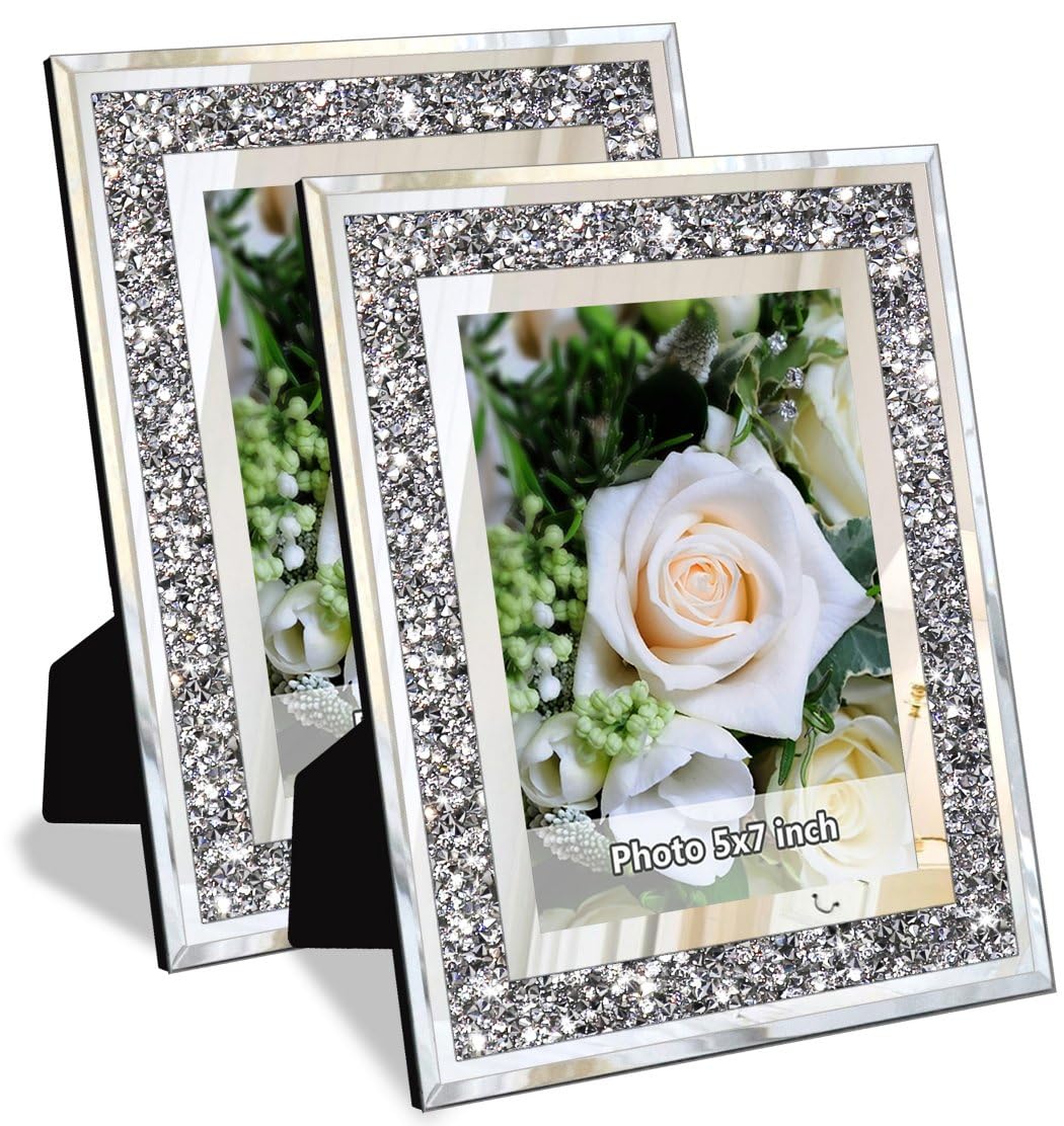 ALLARTONLY Crush Diamond Mirror Photo Frame In Bling Sparkle Crystal Silver Glass Finish, For Picture Size 5x7 inch, Pack of 2 Piece, table top Stand frame & Wall Frame